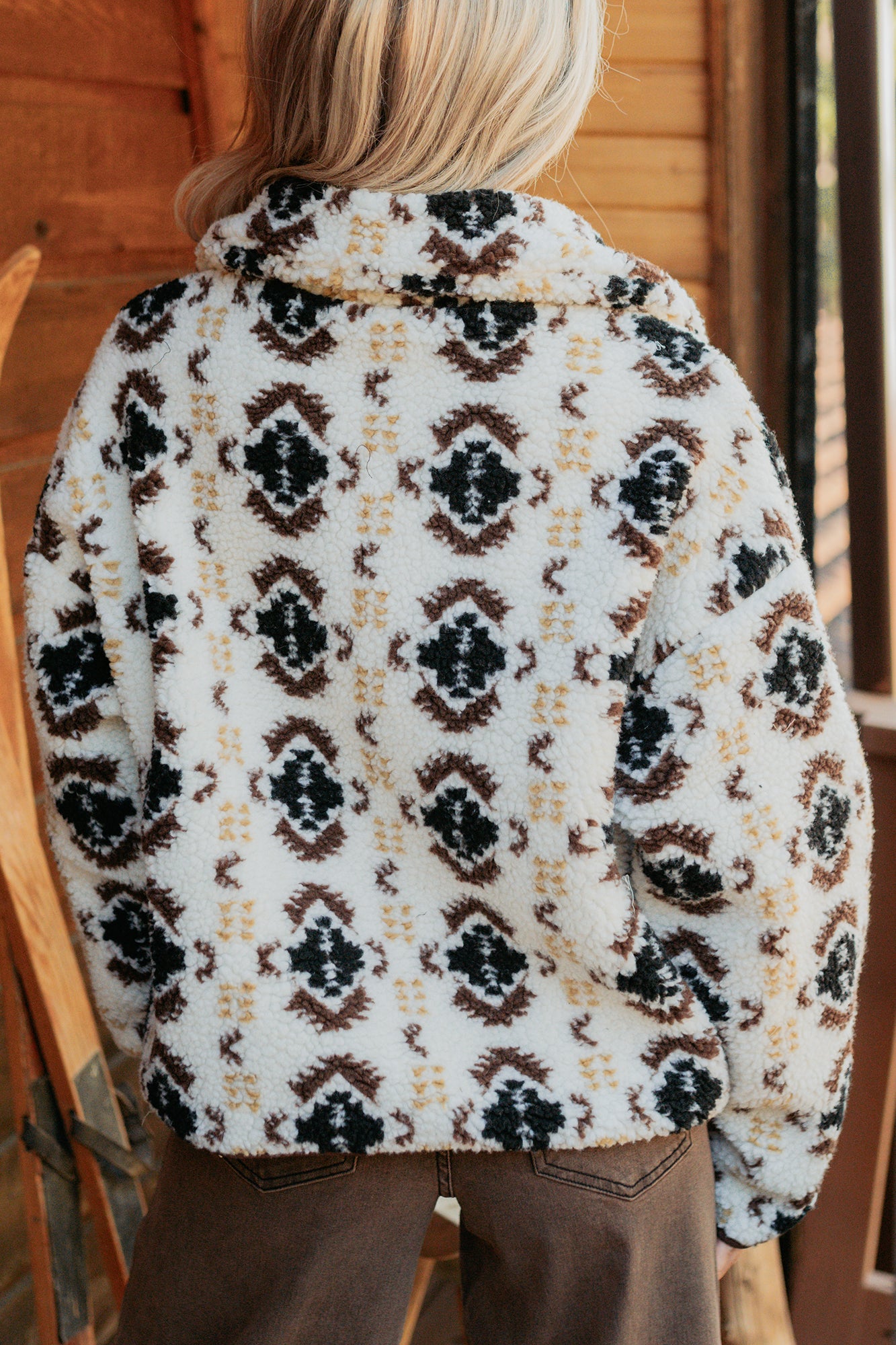 Winter Muse Geometric Print Sherpa Jacket (Cream)-The Formal Wear