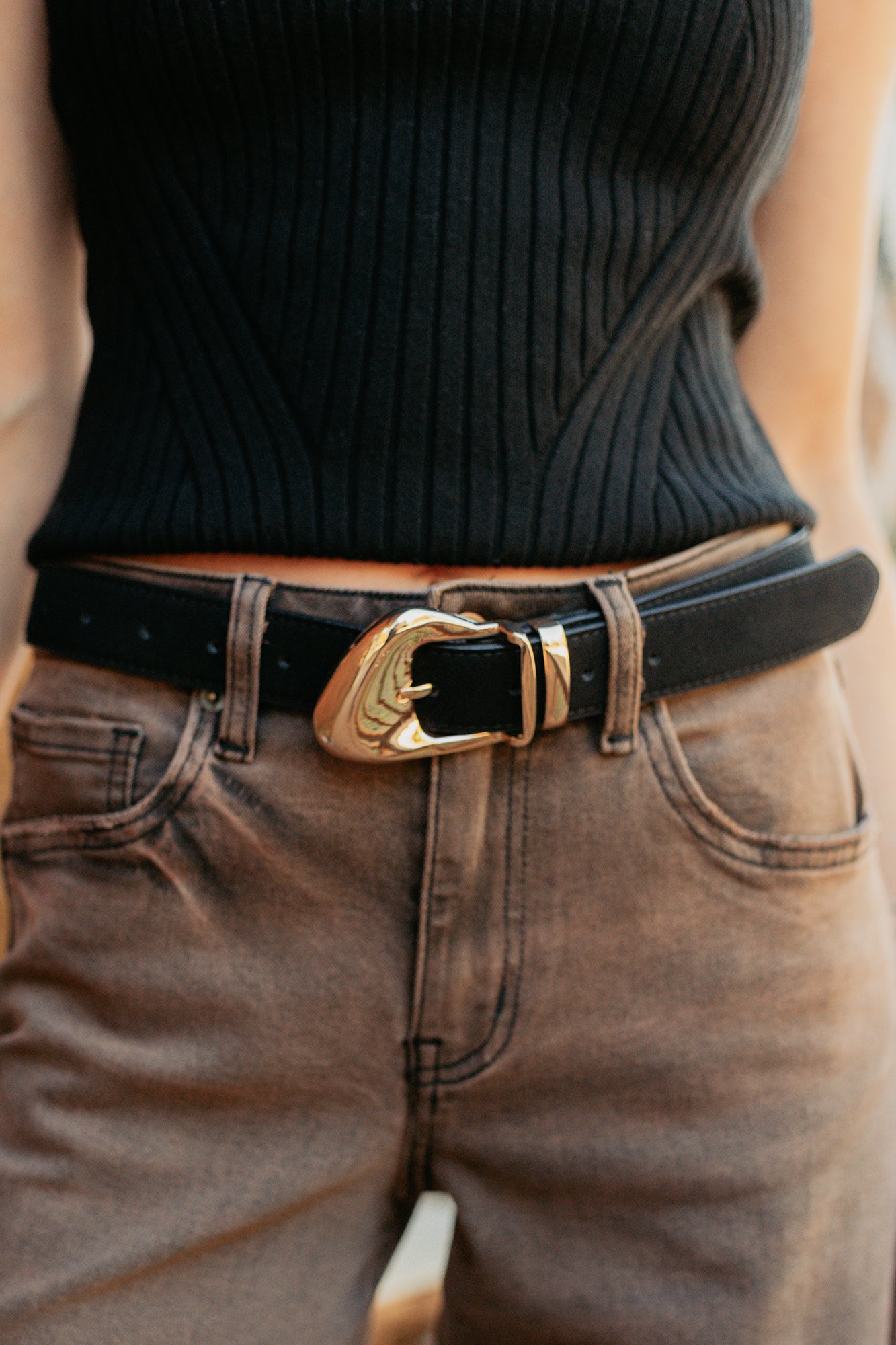 Stay Easy Ornate Buckle Faux Leather Belt (Gold/Black)-The Formal Wear