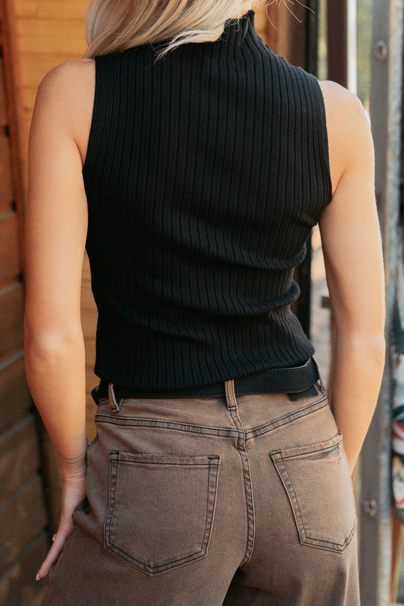 Call It Home Ribbed Knit Mock Neck Tank Top (Black)-The Formal Wear