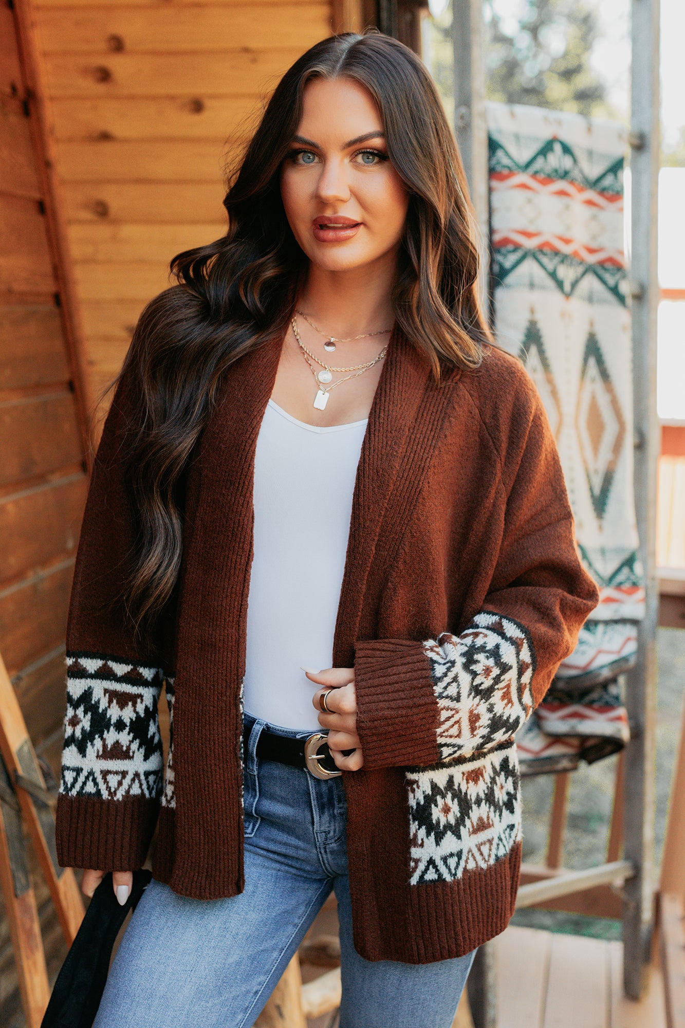 As It Goes Long Sleeve Aztec Cardigan (Dark Brown)-The Formal Wear