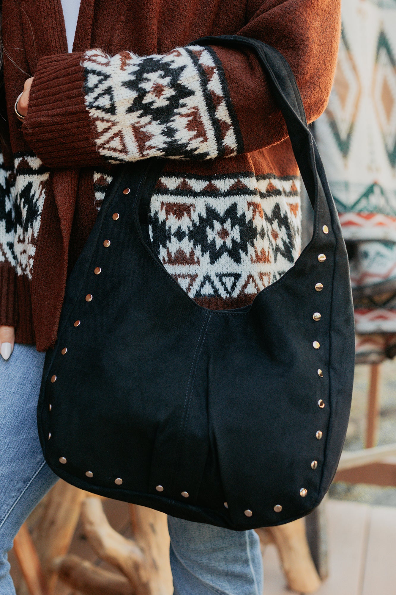 Chic Instinct Faux Suede Studded Handbag (Black)-The Formal Wear