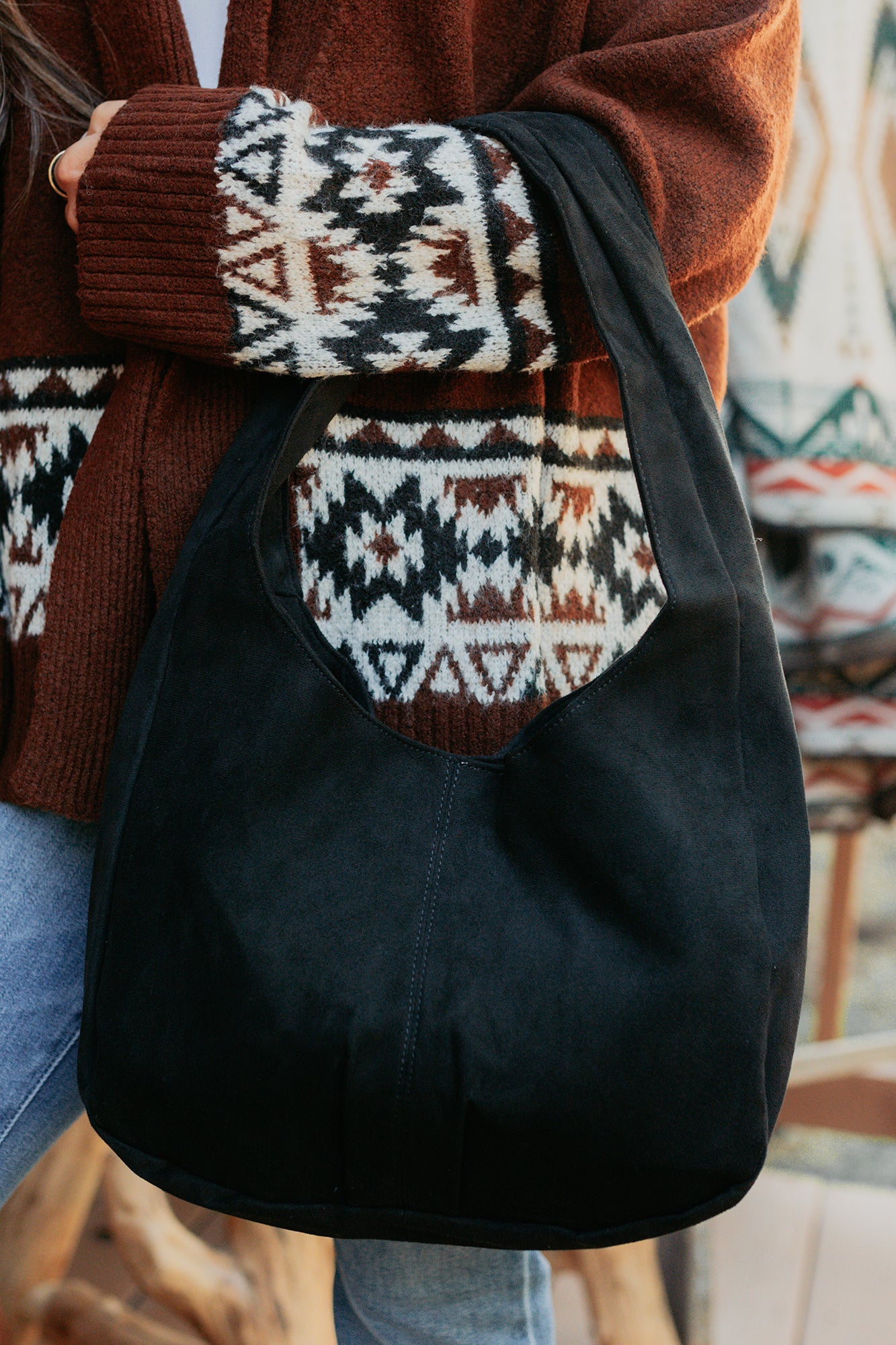 Chic Instinct Faux Suede Studded Handbag (Black)-The Formal Wear