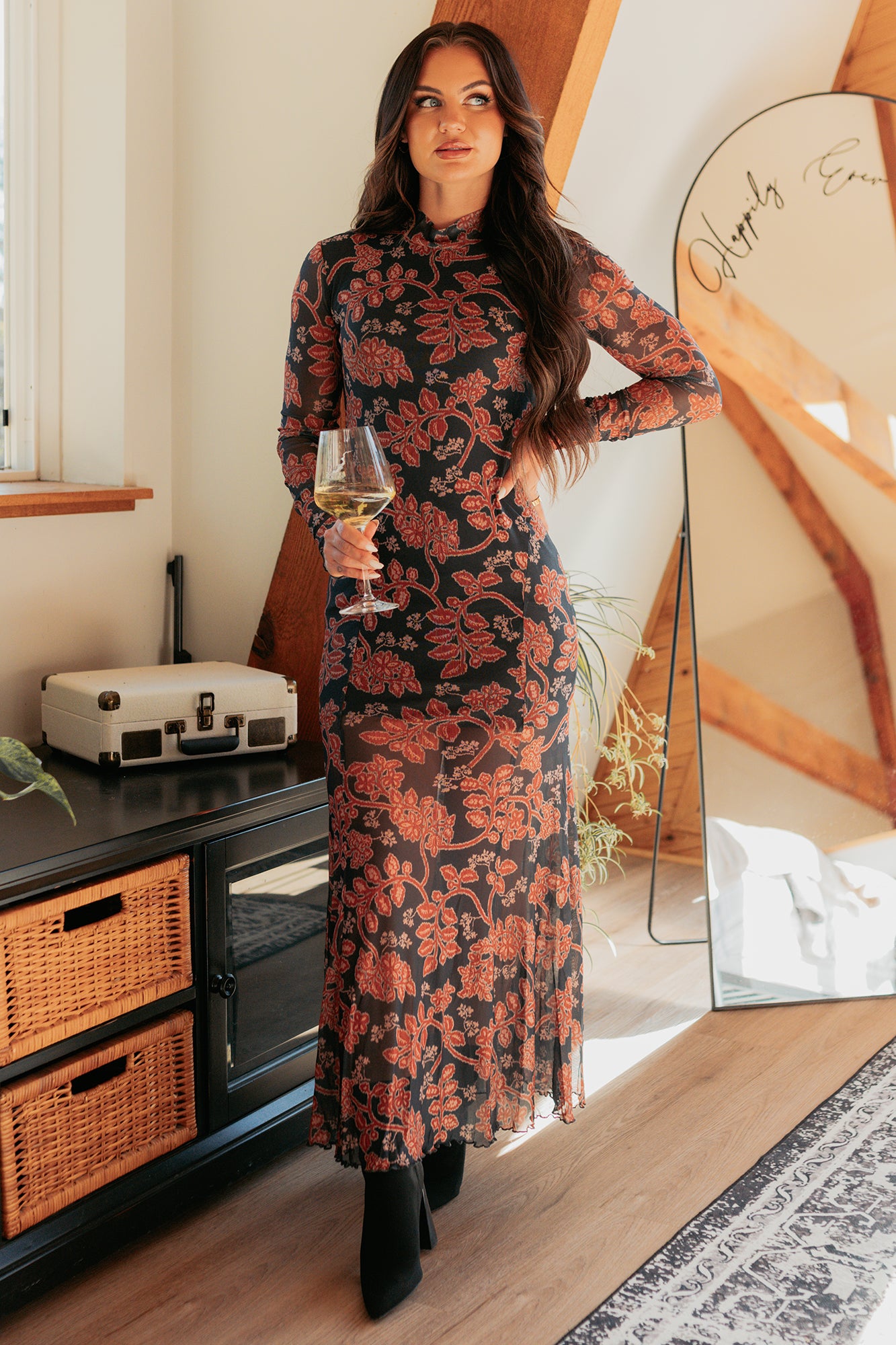 Blush Babe Long Sleeve Floral Mesh Maxi Dress (Charcoal)-The Formal Wear