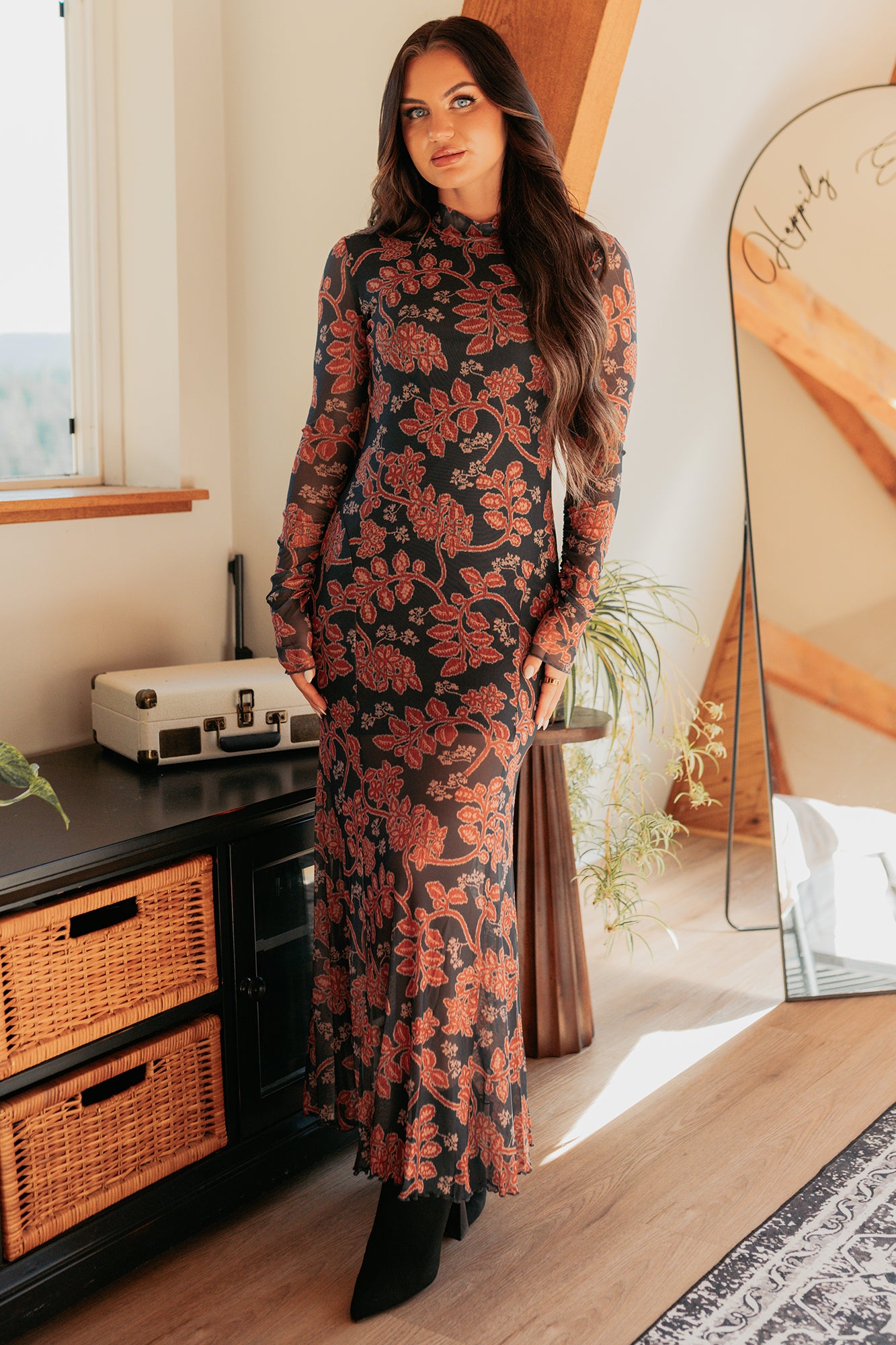 Blush Babe Long Sleeve Floral Mesh Maxi Dress (Charcoal)-The Formal Wear