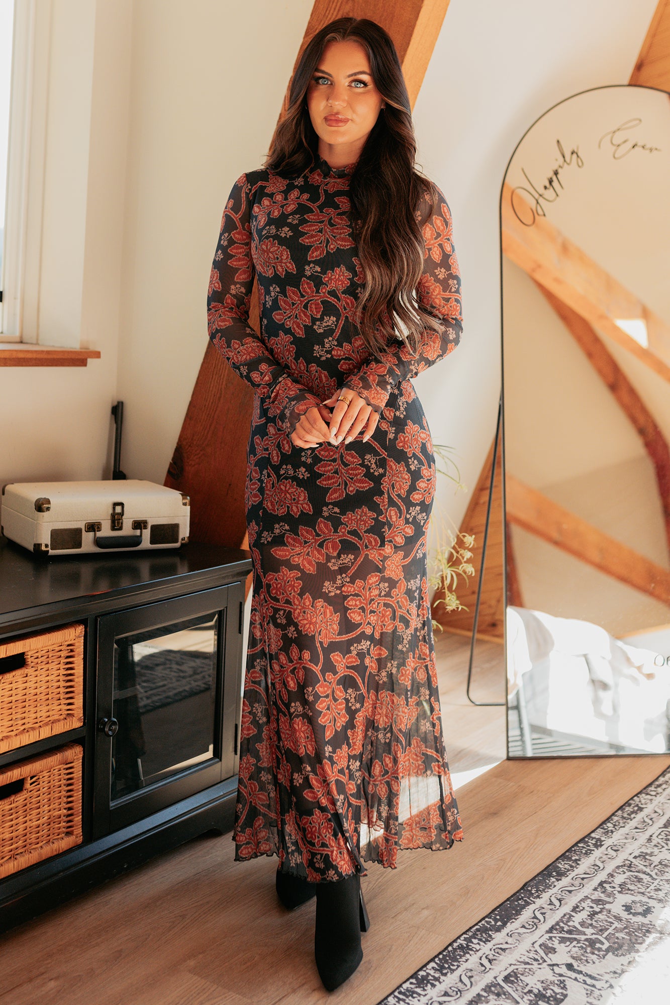 Blush Babe Long Sleeve Floral Mesh Maxi Dress (Charcoal)-The Formal Wear