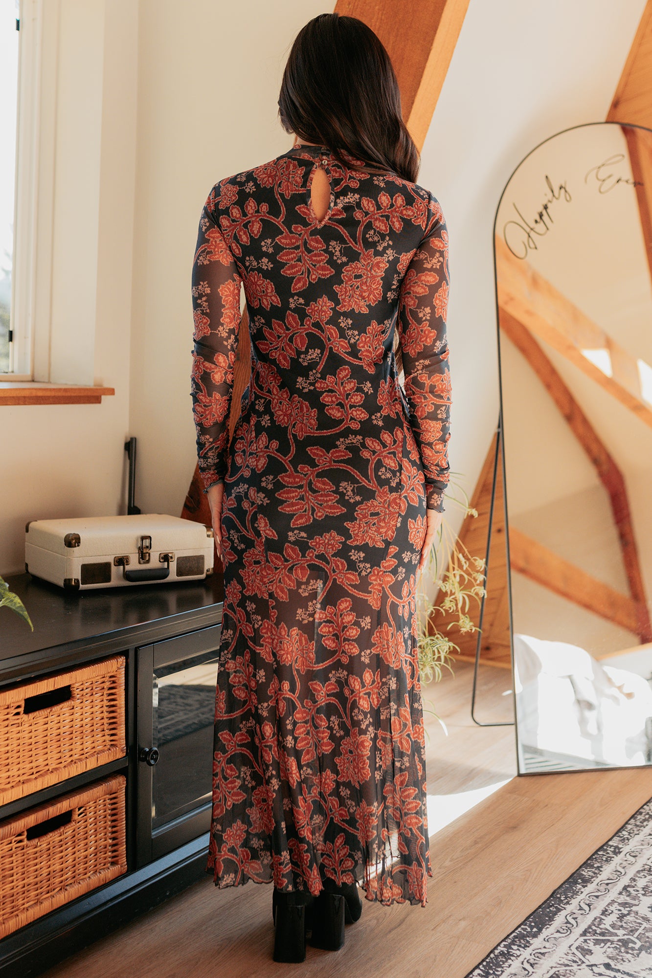 Blush Babe Long Sleeve Floral Mesh Maxi Dress (Charcoal)-The Formal Wear