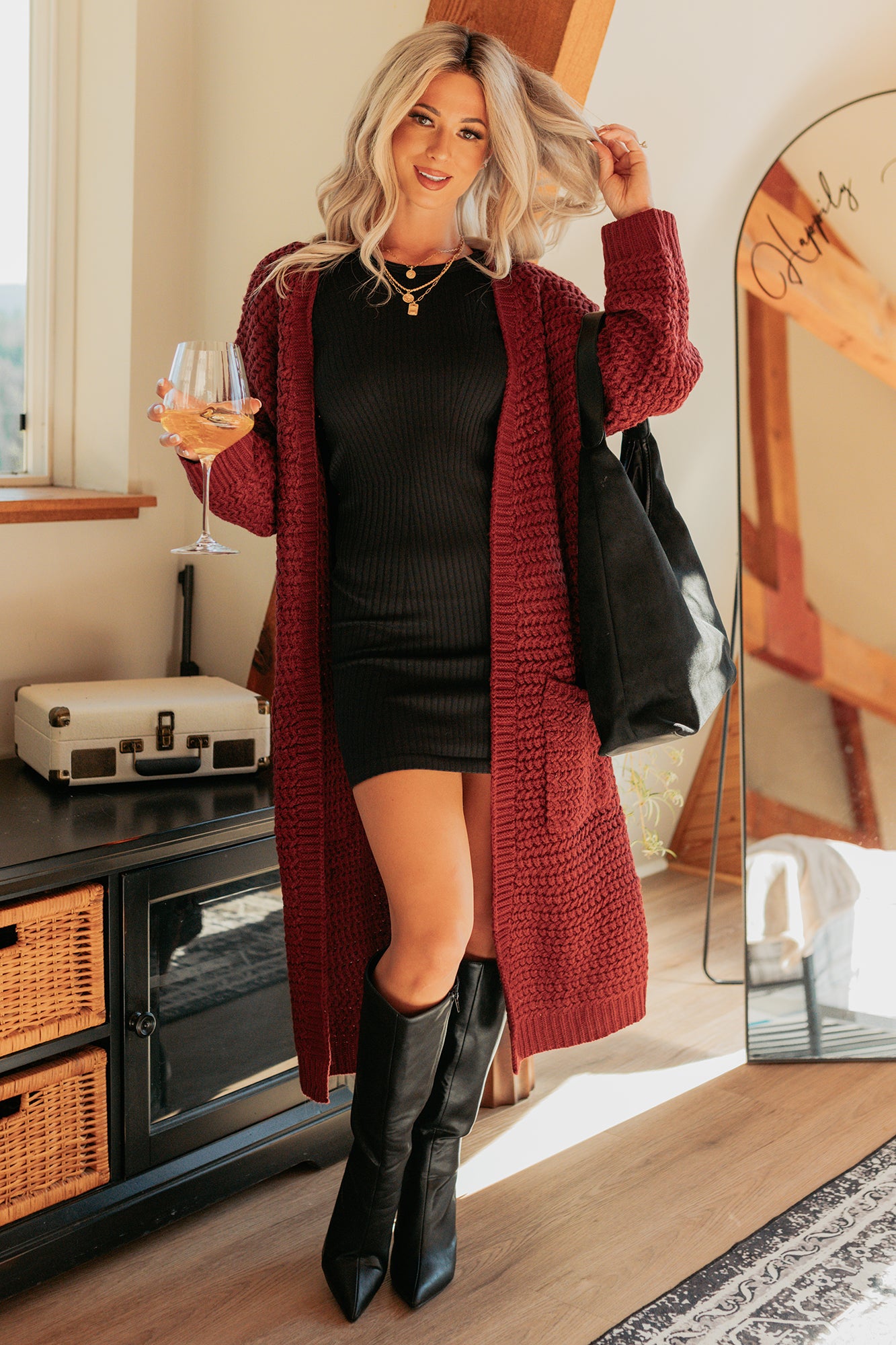 Still Dreaming Cable Knit Long Cardigan (Bordeaux)-The Formal Wear