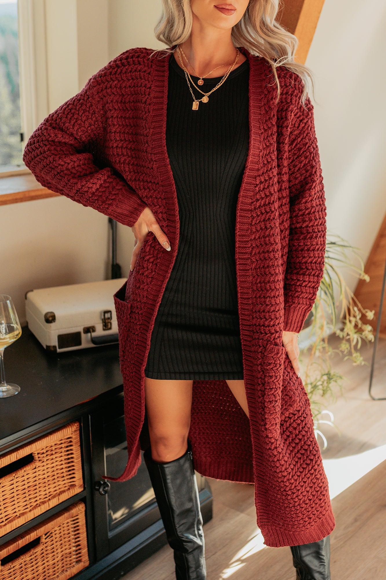 Still Dreaming Cable Knit Long Cardigan (Bordeaux)-The Formal Wear