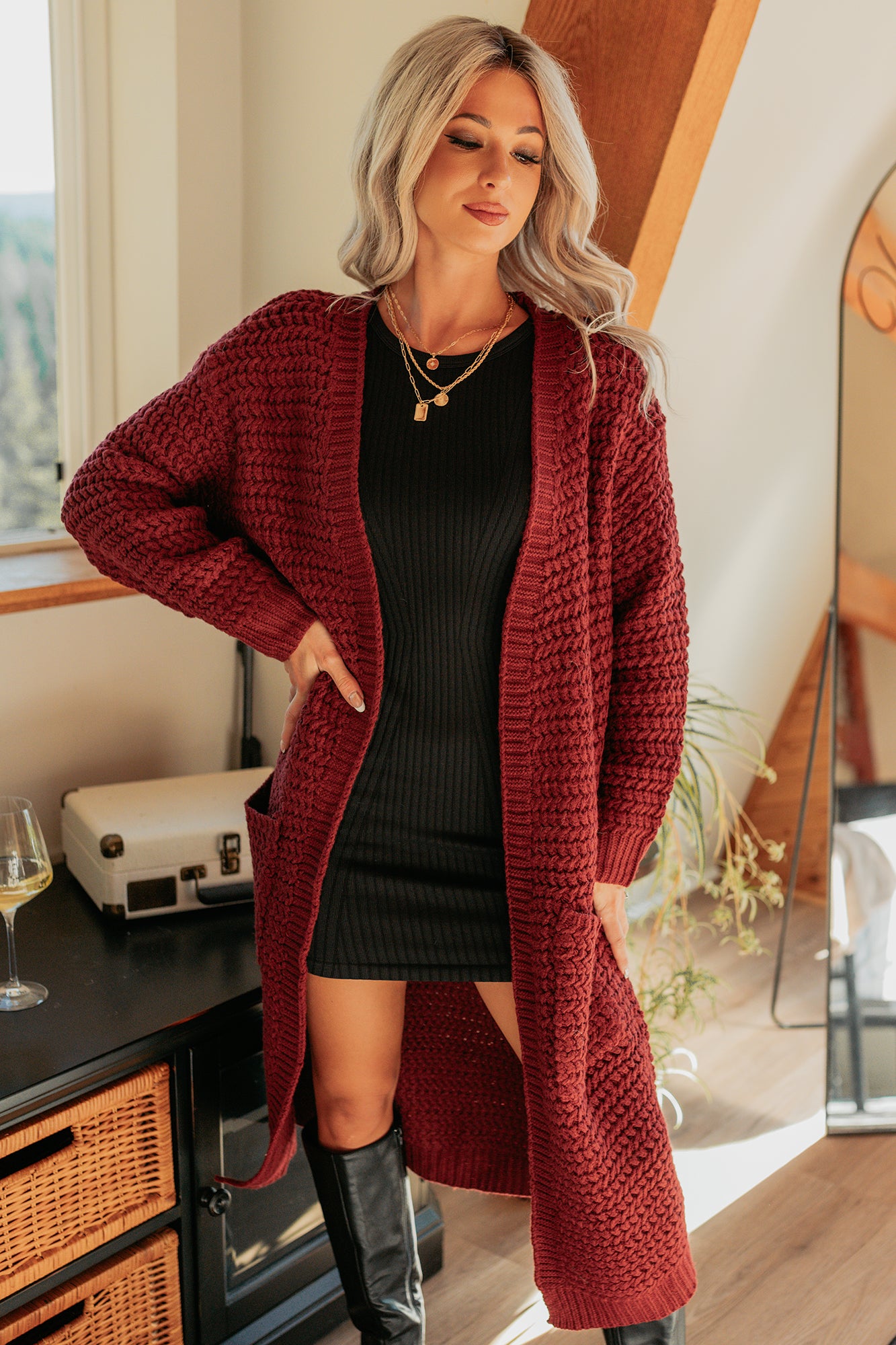 Still Dreaming Cable Knit Long Cardigan (Bordeaux)-The Formal Wear