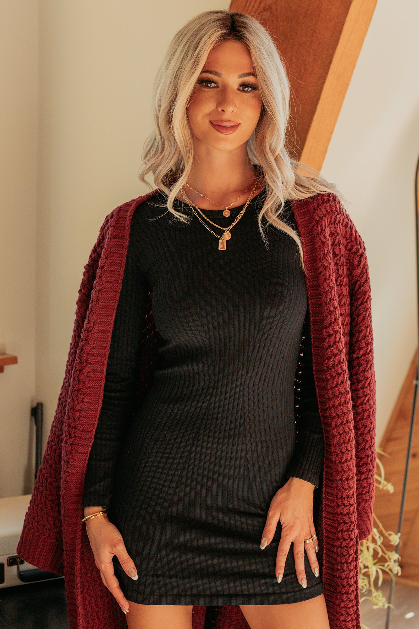 Still Dreaming Cable Knit Long Cardigan (Bordeaux)-The Formal Wear
