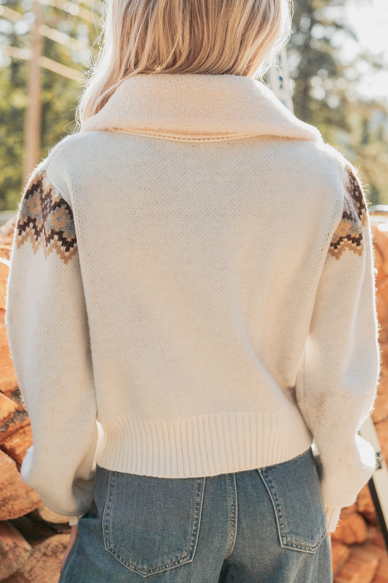 Cloud Haven Horse Print Knit Zip-Up Jacket (Oatmeal)-The Formal Wear