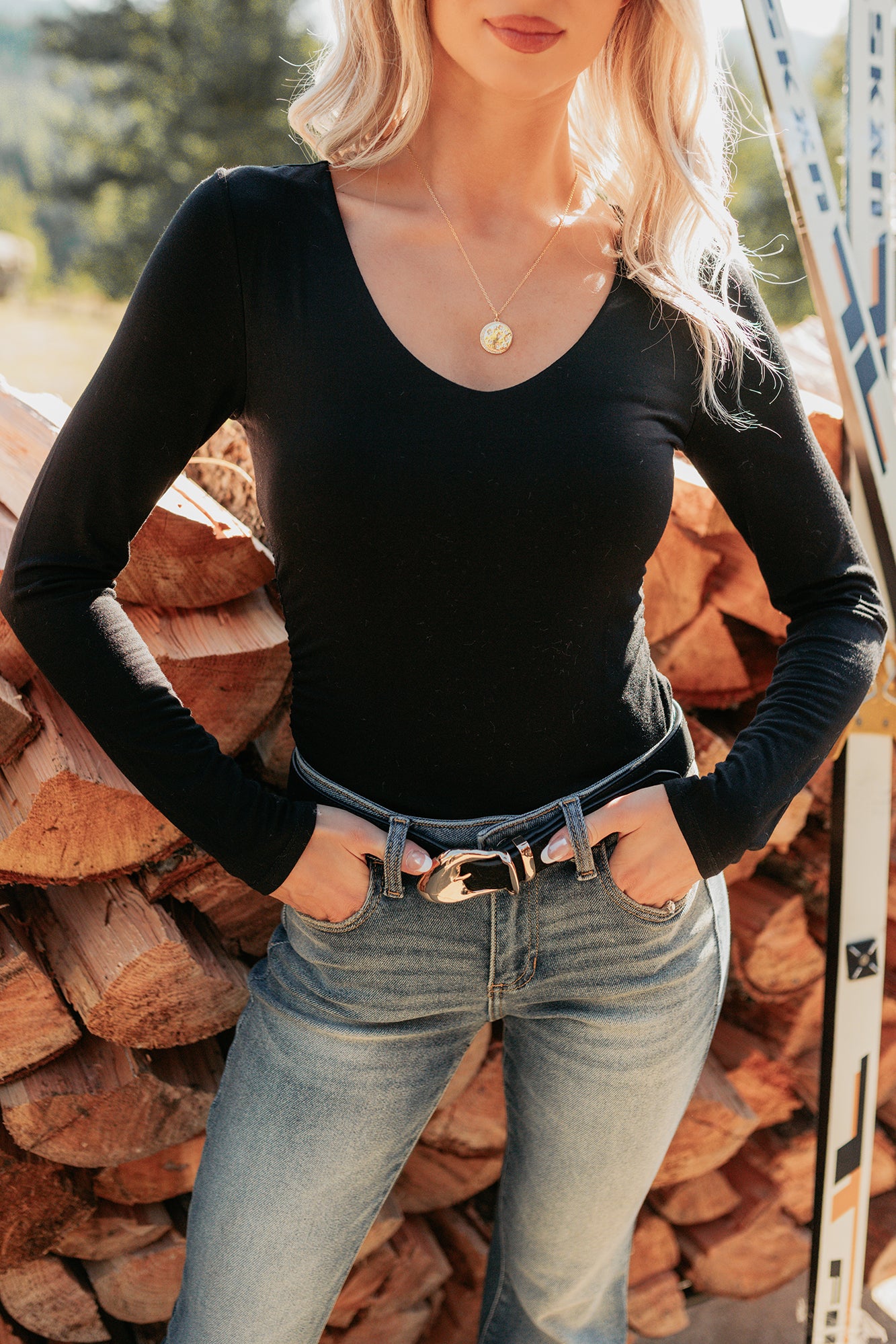 Unsaid Things Long Sleeve V Neck Top (Black)-The Formal Wear