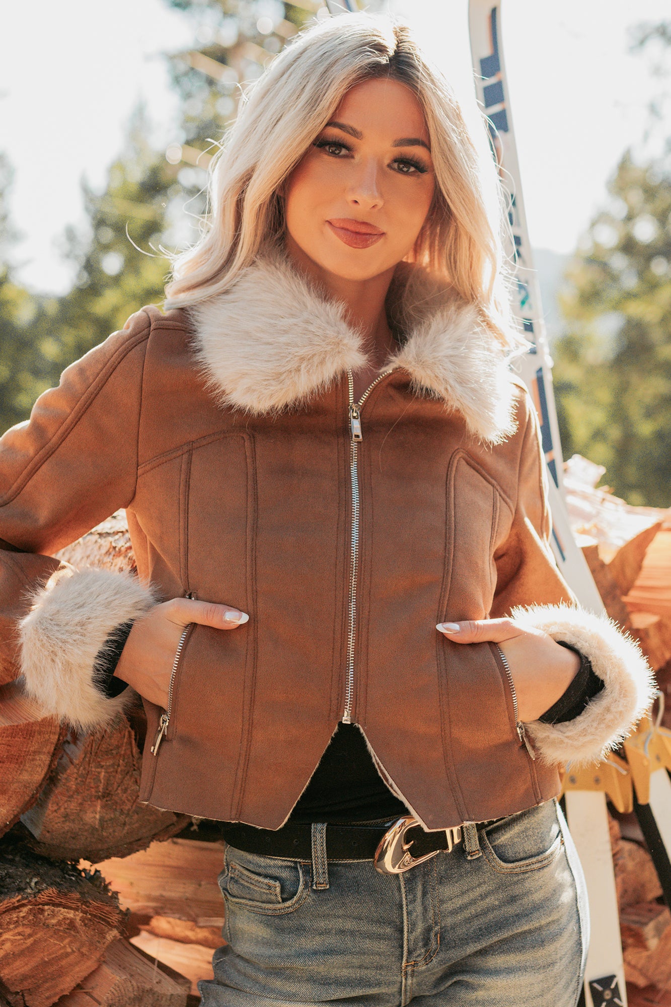 Tell Me More Faux Suede Fur Trim Jacket (Brown)-The Formal Wear