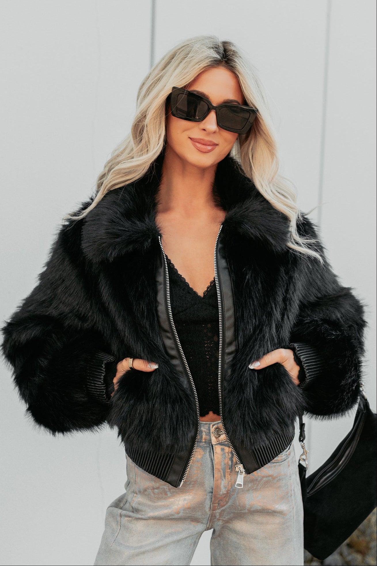 No Comparisons Faux Fur Plush Zip-Up Jacket (Black)-The Formal Wear