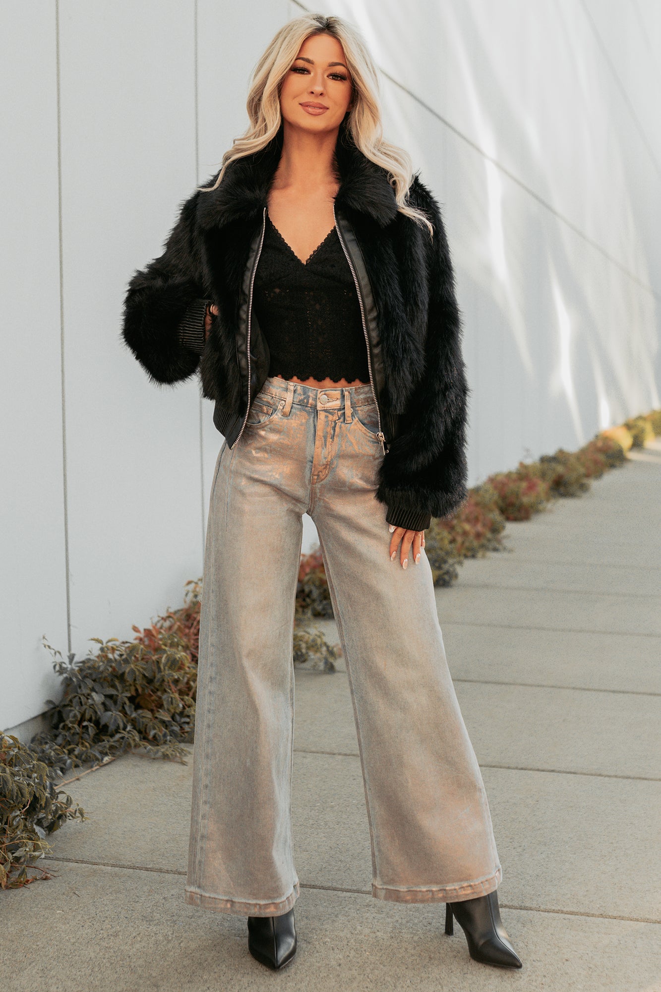 No Comparisons Faux Fur Plush Zip-Up Jacket (Black)-The Formal Wear