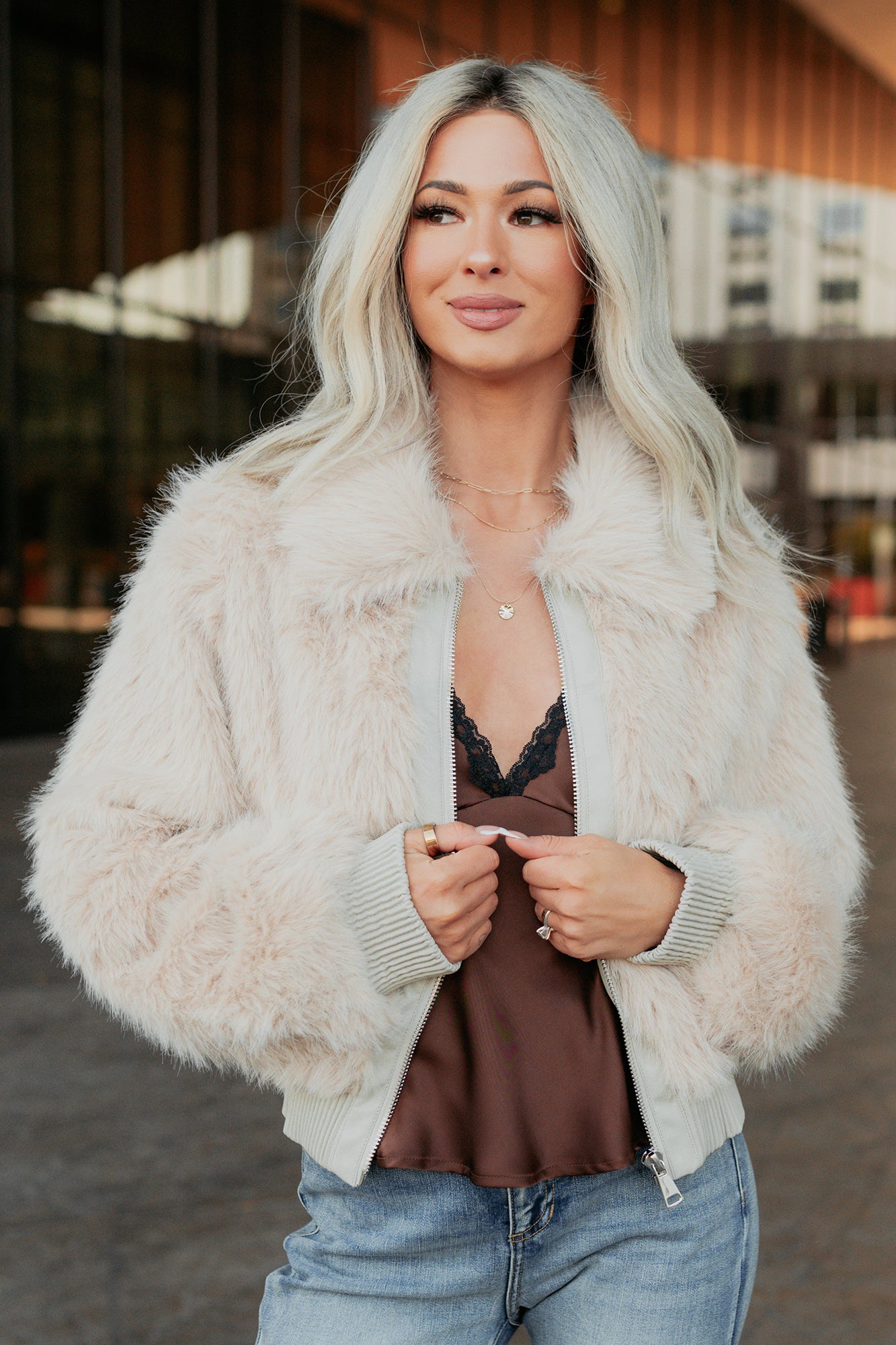 No Comparisons Faux Fur Plush Zip-Up Jacket (Taupe)-The Formal Wear