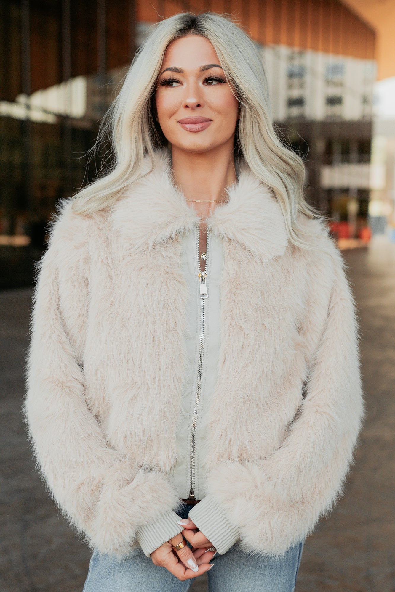 No Comparisons Faux Fur Plush Zip-Up Jacket (Taupe)-The Formal Wear