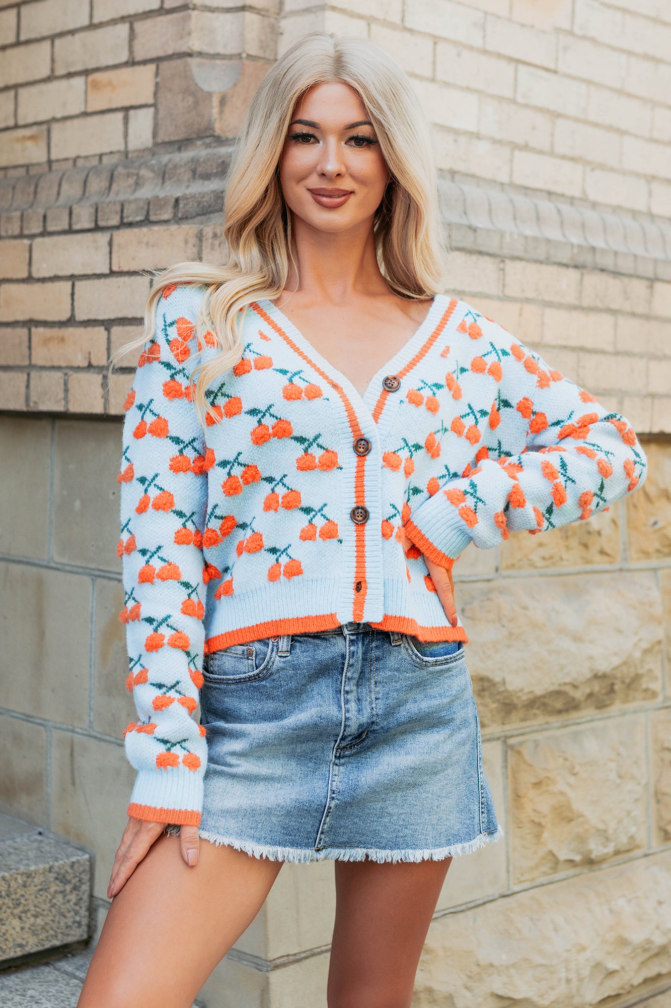 Vibrant Life Cherry Knit Cardigan (Light Blue/Orange)-The Formal Wear