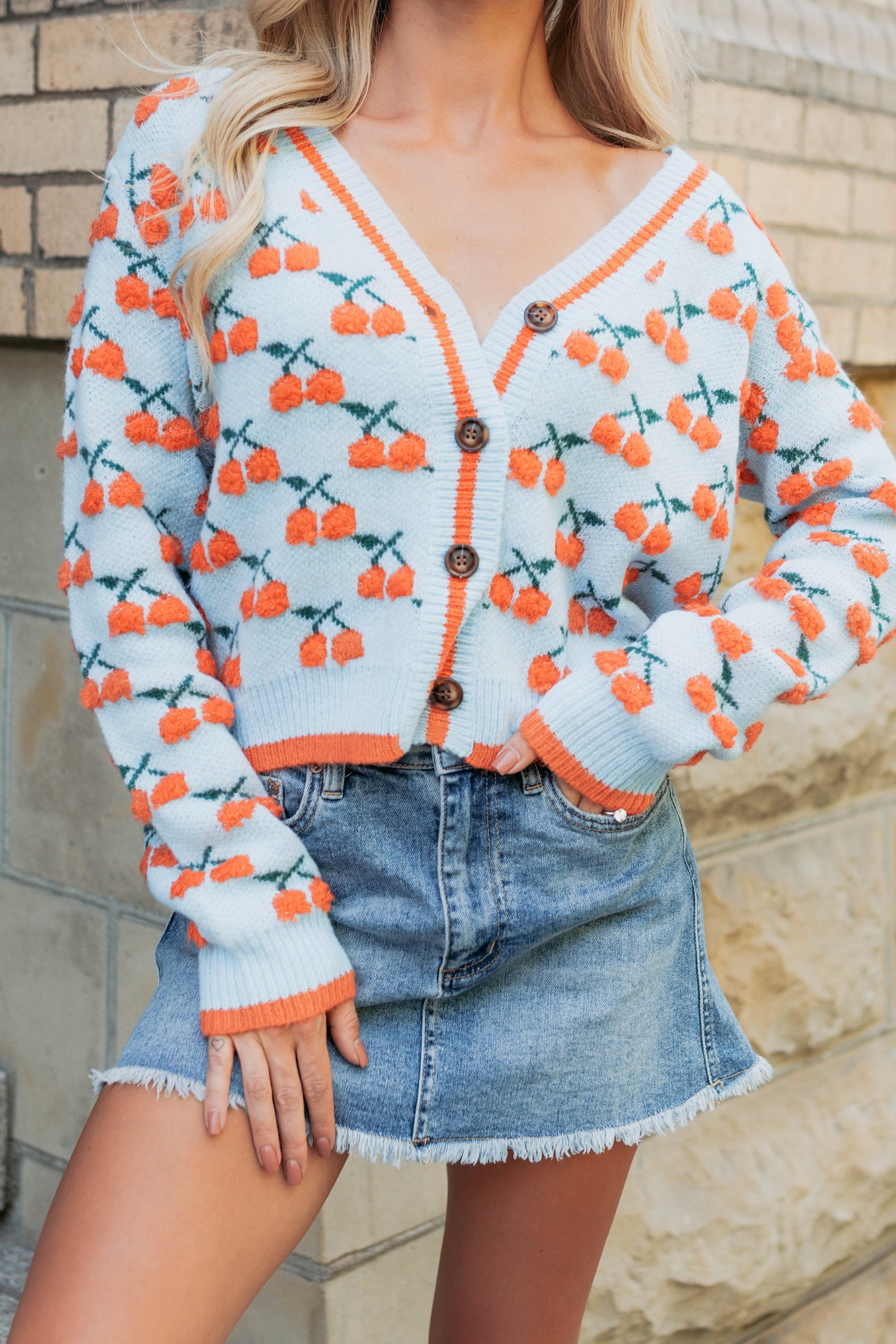 Vibrant Life Cherry Knit Cardigan (Light Blue/Orange)-The Formal Wear