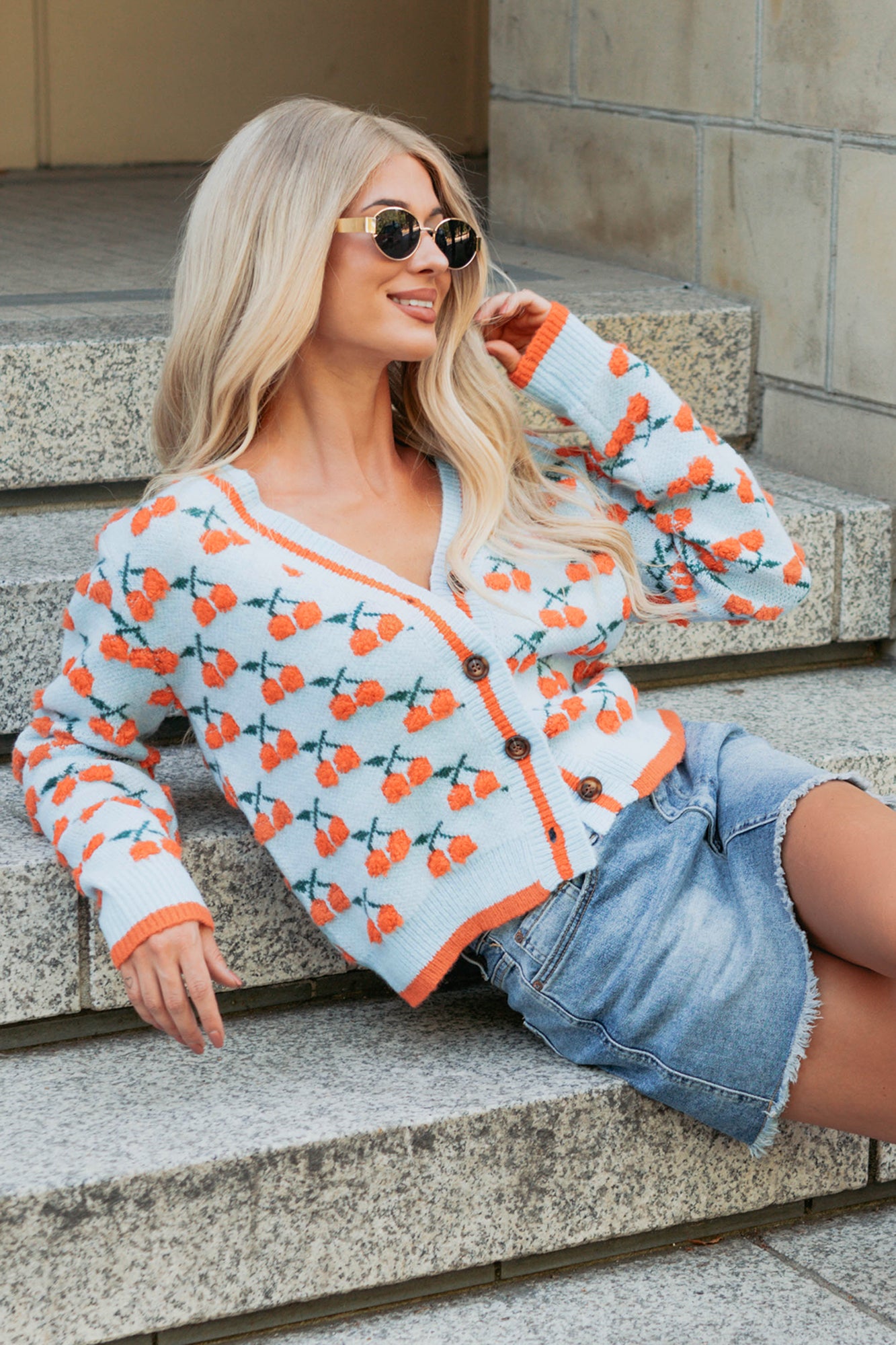 Vibrant Life Cherry Knit Cardigan (Light Blue/Orange)-The Formal Wear