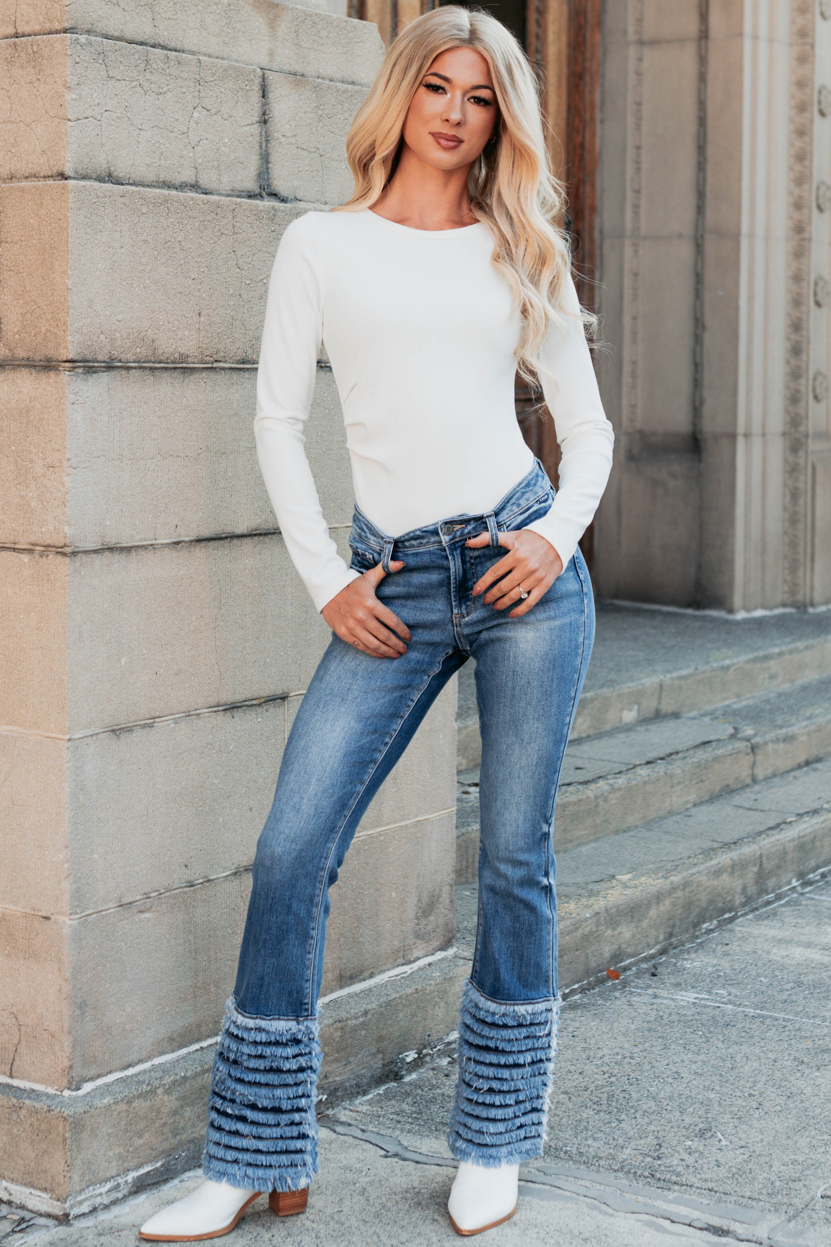 Vera Mid Rise Frayed Hem Cello Flare Jeans (Medium)-The Formal Wear