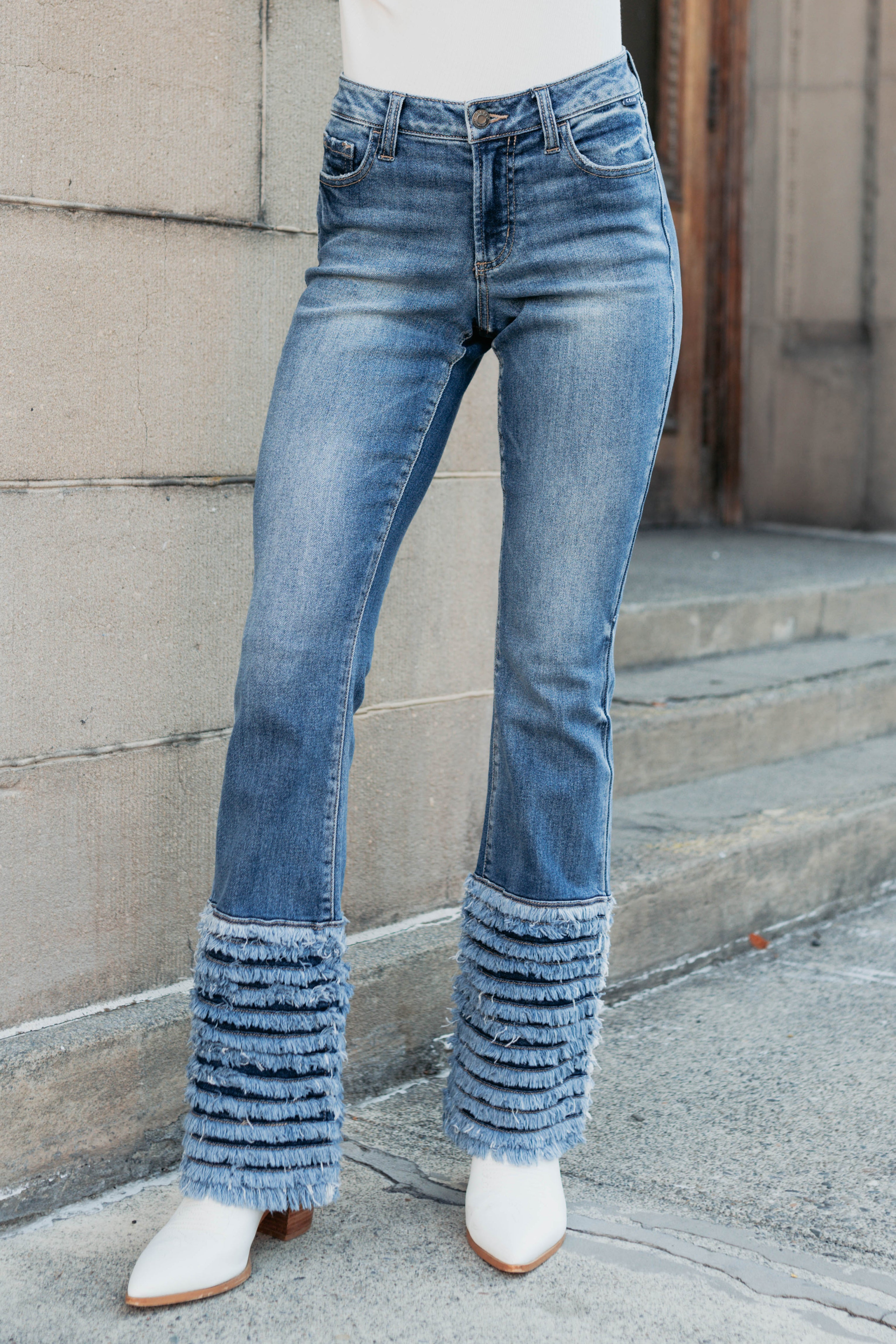 Vera Mid Rise Frayed Hem Cello Flare Jeans (Medium)-The Formal Wear