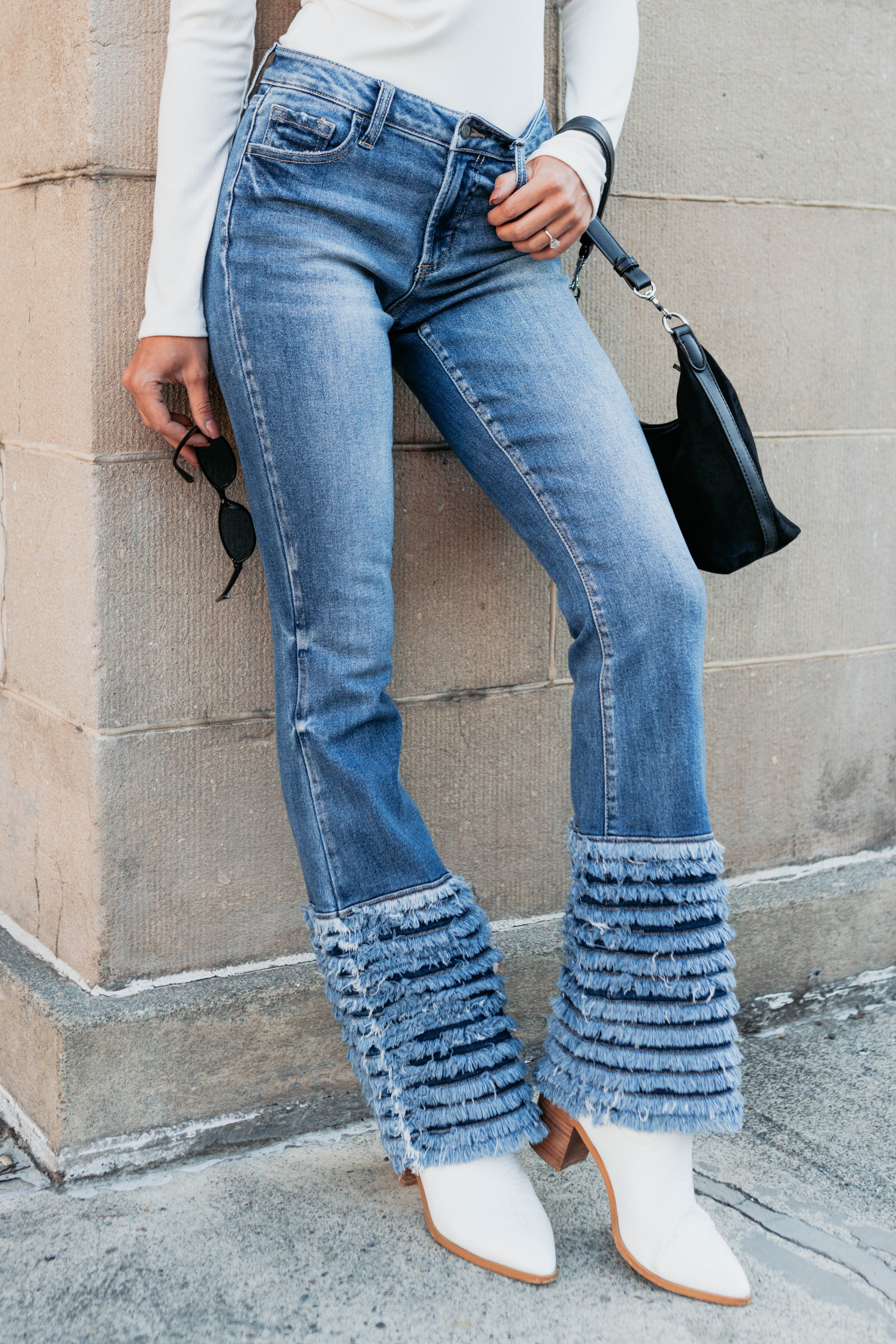 Vera Mid Rise Frayed Hem Cello Flare Jeans (Medium)-The Formal Wear