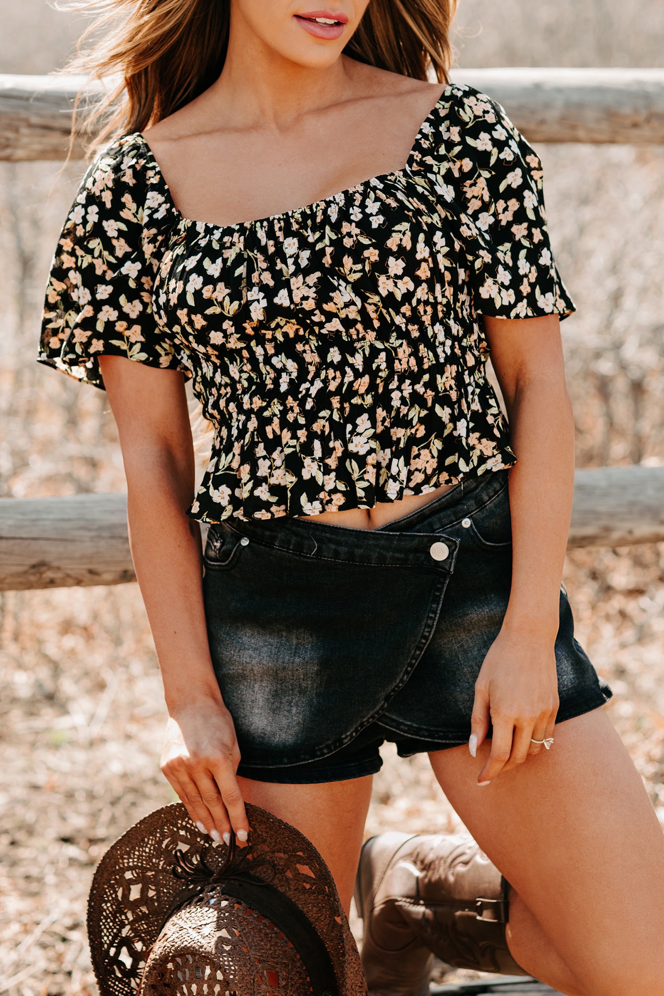 Whimsical Heart Smocked Floral Top (Black)-The Formal Wear