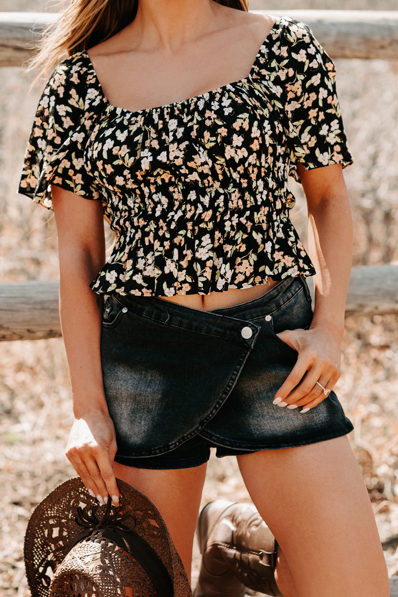 Whimsical Heart Smocked Floral Top (Black)-The Formal Wear