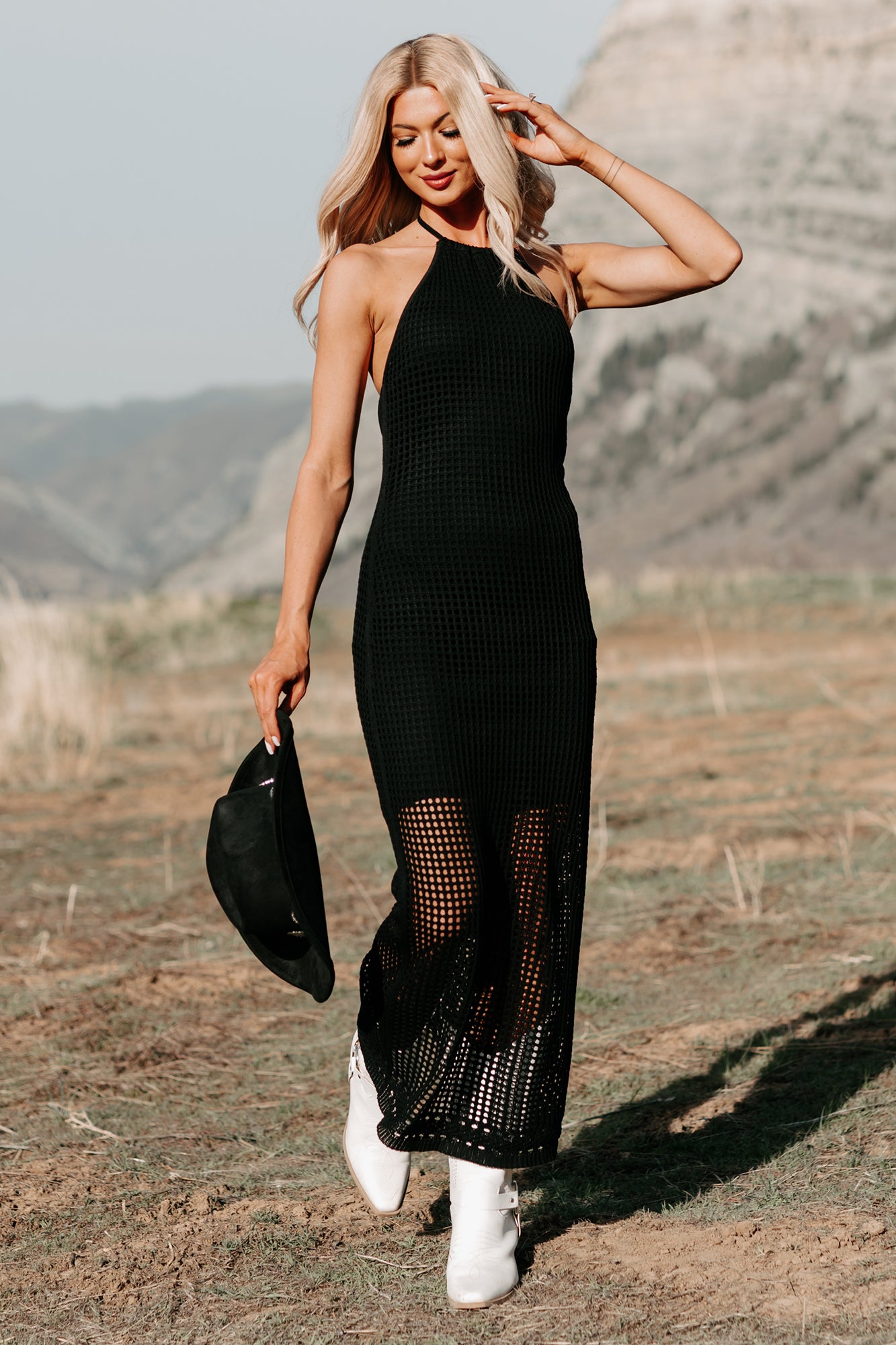 Seeking Peace Halter Crochet Midi Dress (Black)-The Formal Wear