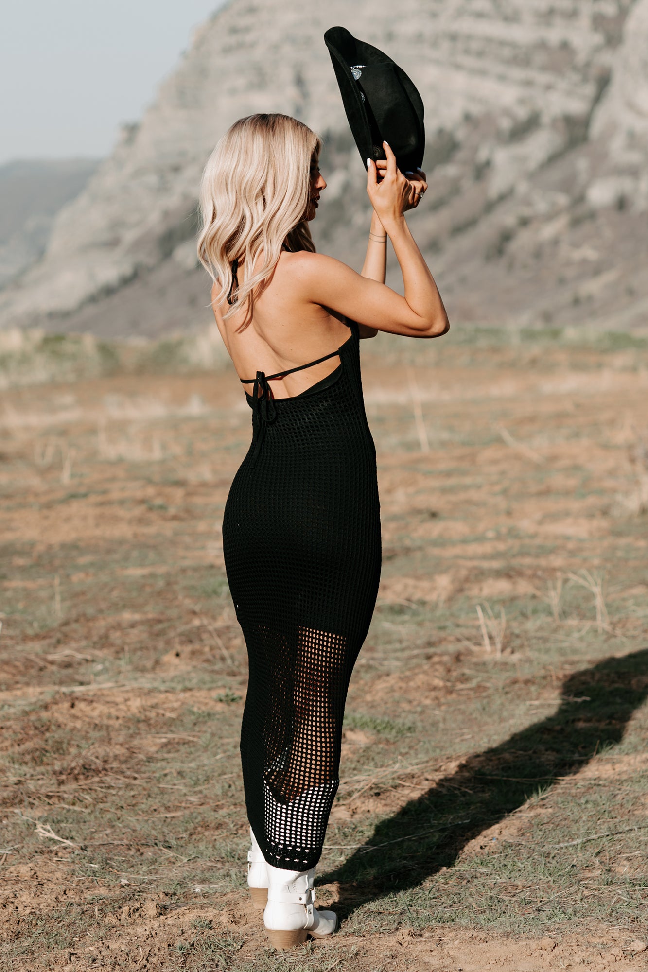 Seeking Peace Halter Crochet Midi Dress (Black)-The Formal Wear