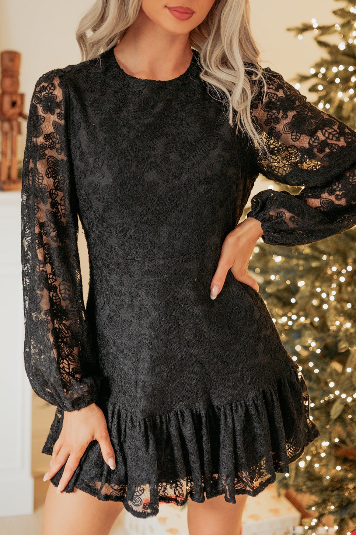 Fearless Flirt Long Sleeve Lace Mini Dress (Black)-The Formal Wear