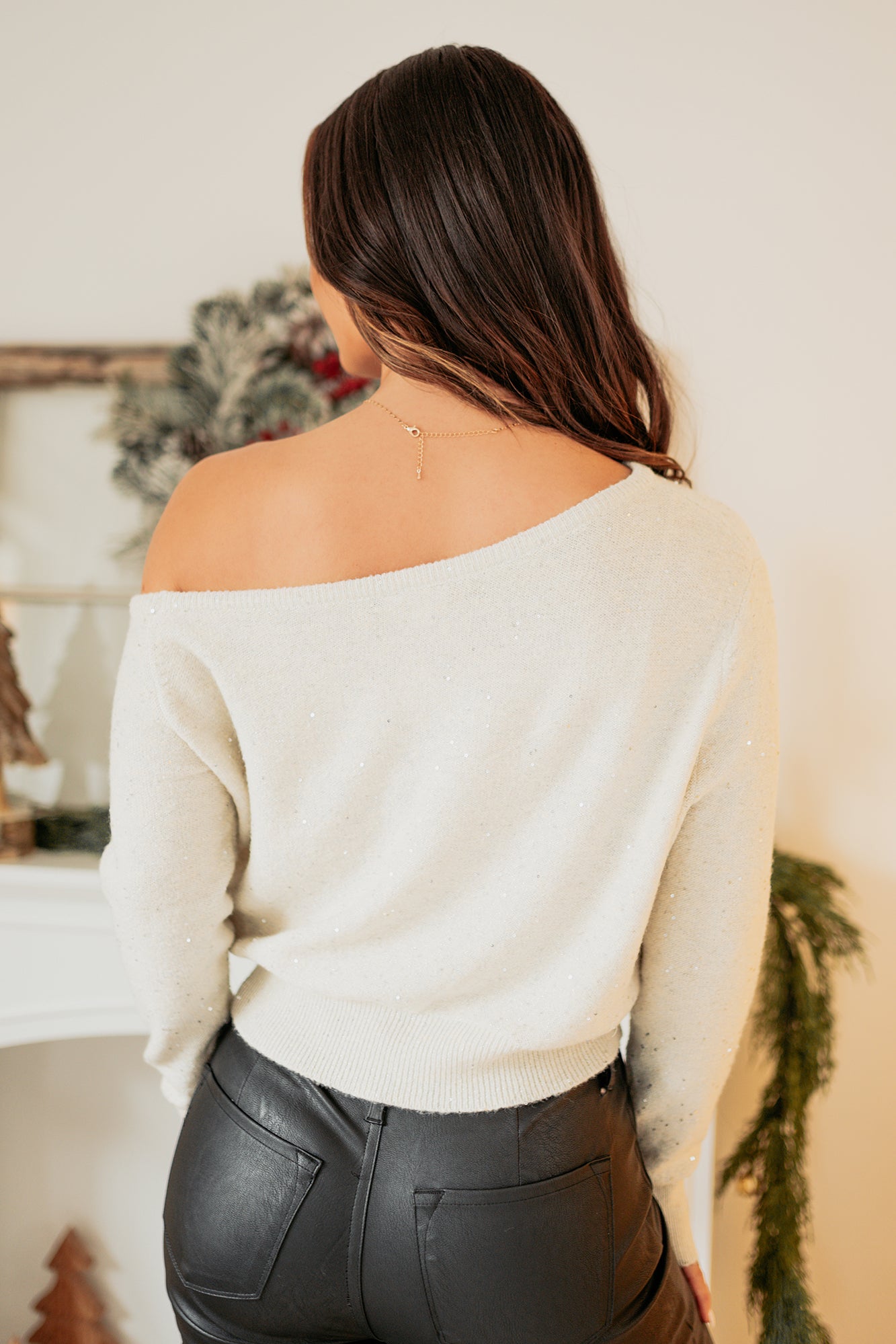 Shine Forever One-Shoulder Sequin Knit Sweater (Cream)-The Formal Wear