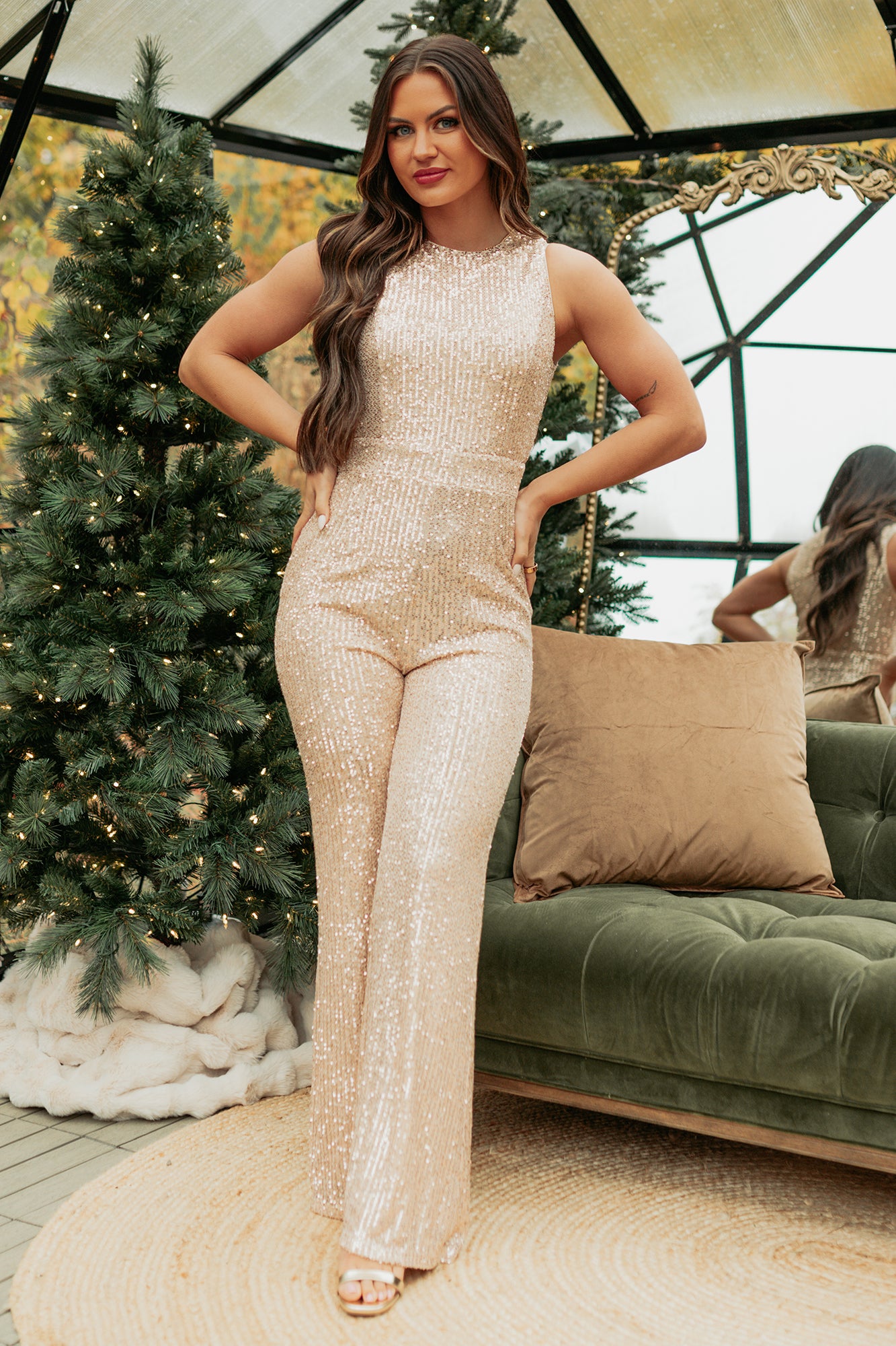 Pull It Together Sequin Sleeveless Wide Leg Jumpsuit (Rose Gold)-The Formal Wear