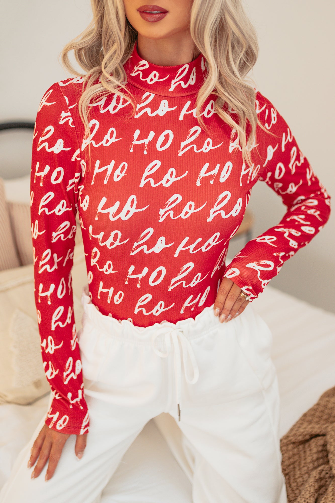 Santa's Helper Ribbed Mock Neck Bodysuit (Ho Ho Print) - Ships by 12/2-The Formal Wear