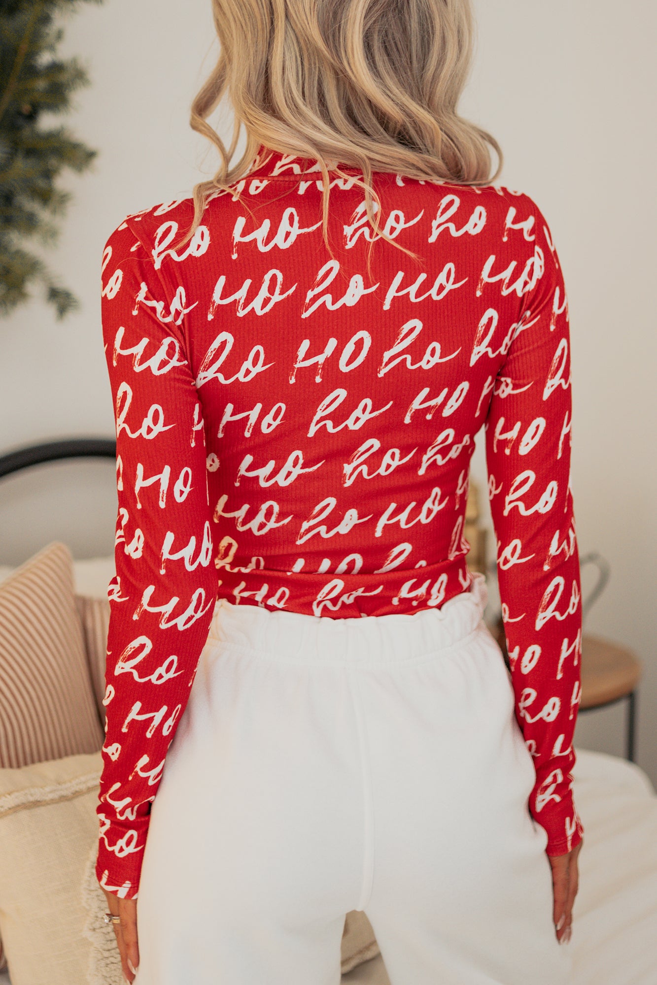Santa's Helper Ribbed Mock Neck Bodysuit (Ho Ho Print) - Ships by 12/2-The Formal Wear