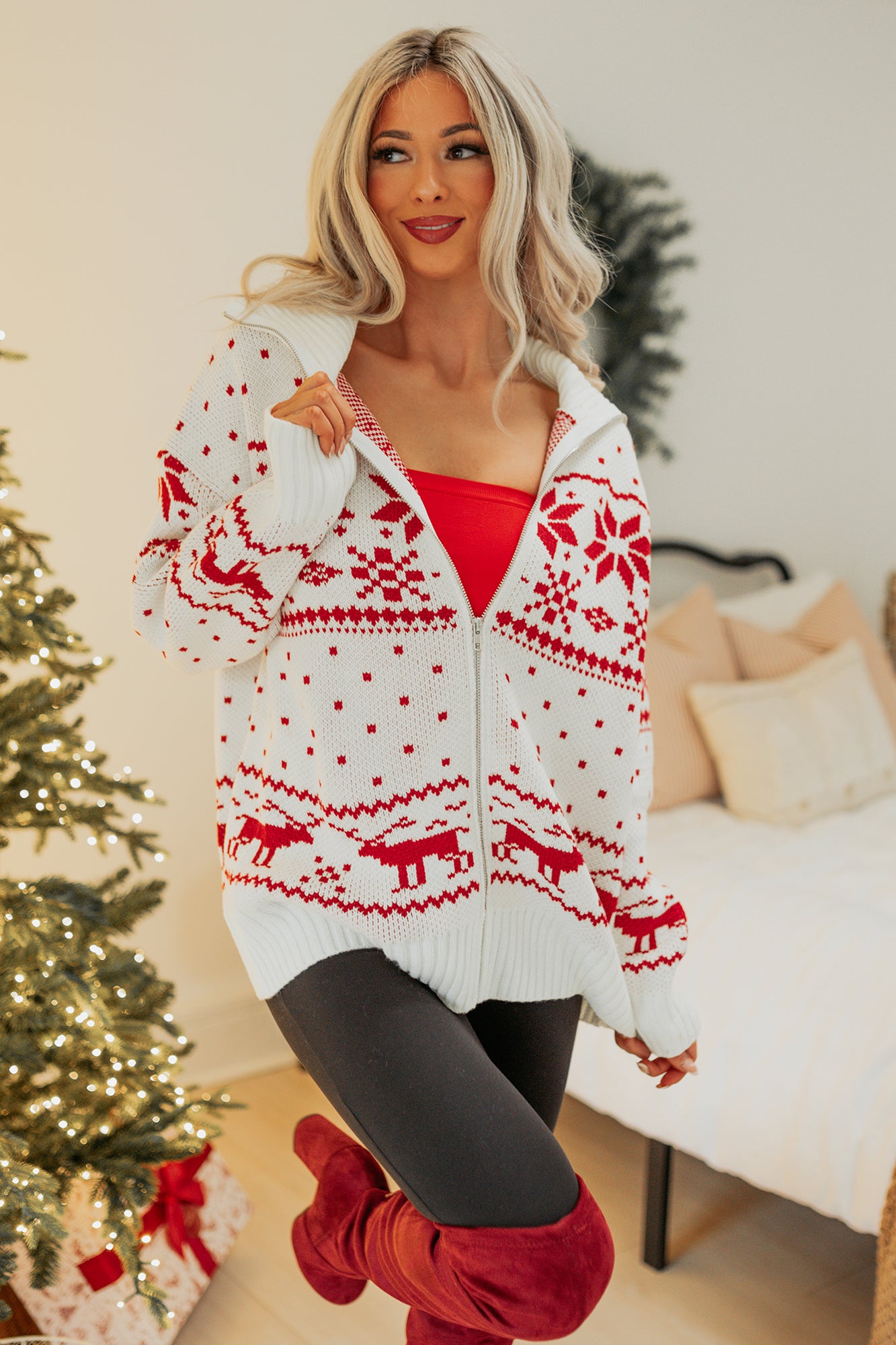 Winter Nest Fair Isle Zip-Up Sweater (White/Red)-The Formal Wear