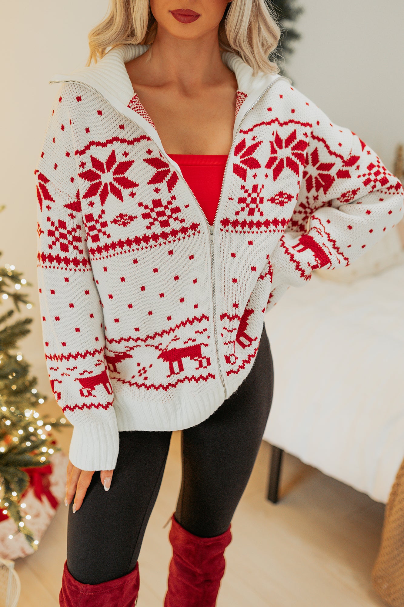 Winter Nest Fair Isle Zip-Up Sweater (White/Red)-The Formal Wear