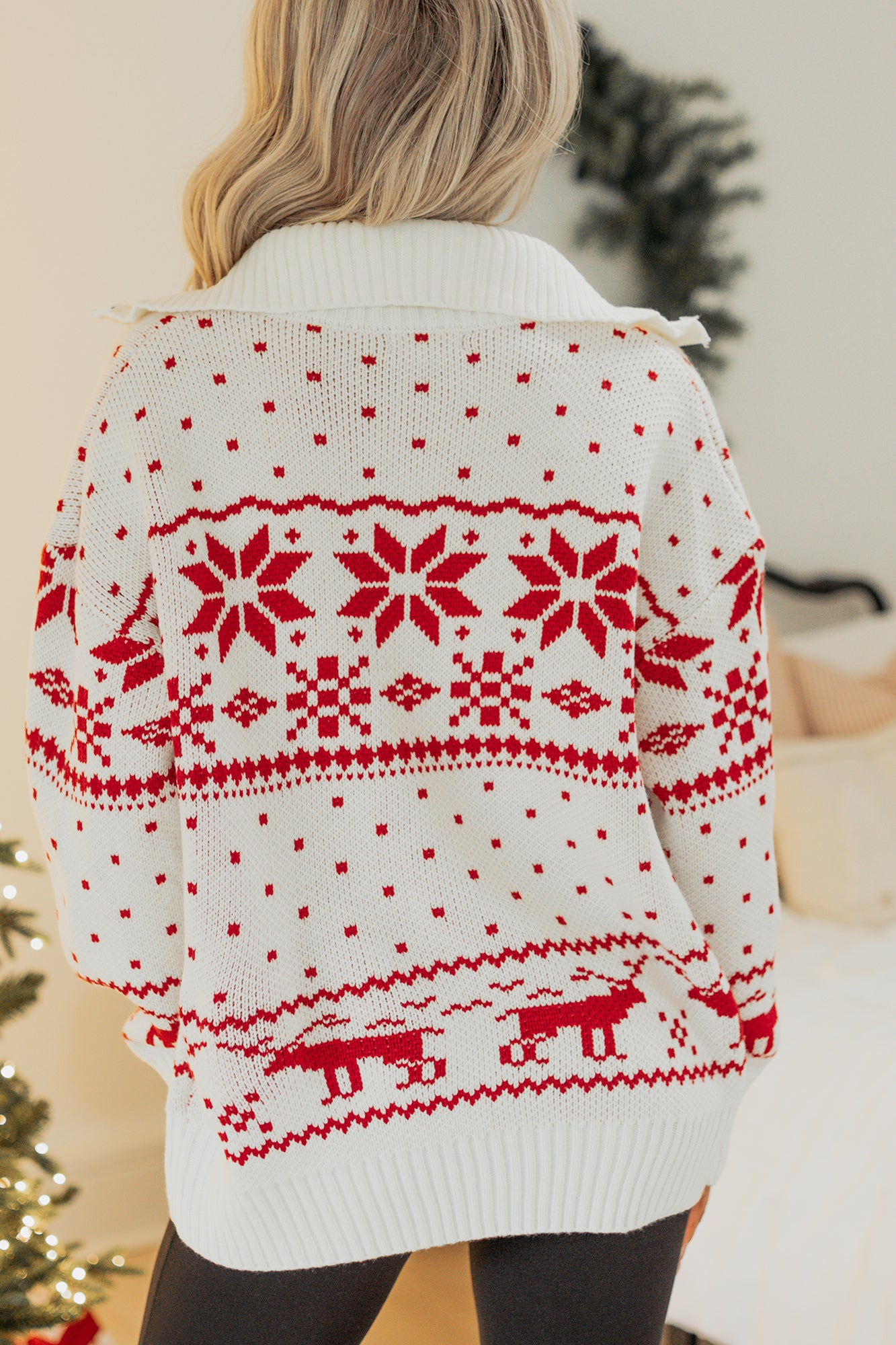 Winter Nest Fair Isle Zip-Up Sweater (White/Red)-The Formal Wear