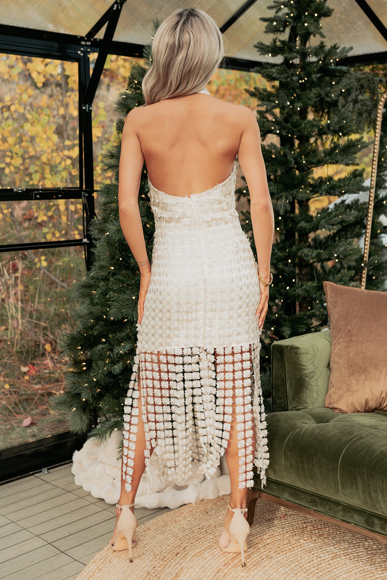 Starry Night Floral Crochet Overlay Halter Midi Dress (Champagne)-The Formal Wear