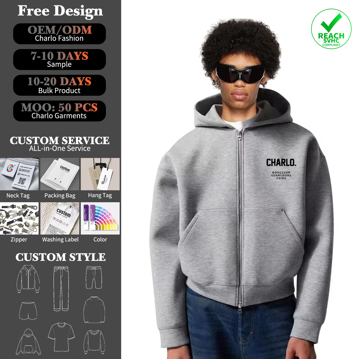 Custom Grey Zip-Up Hoodie | Oversized Streetwear Hooded Sweatshirt | OEM Private Label Manufacturer