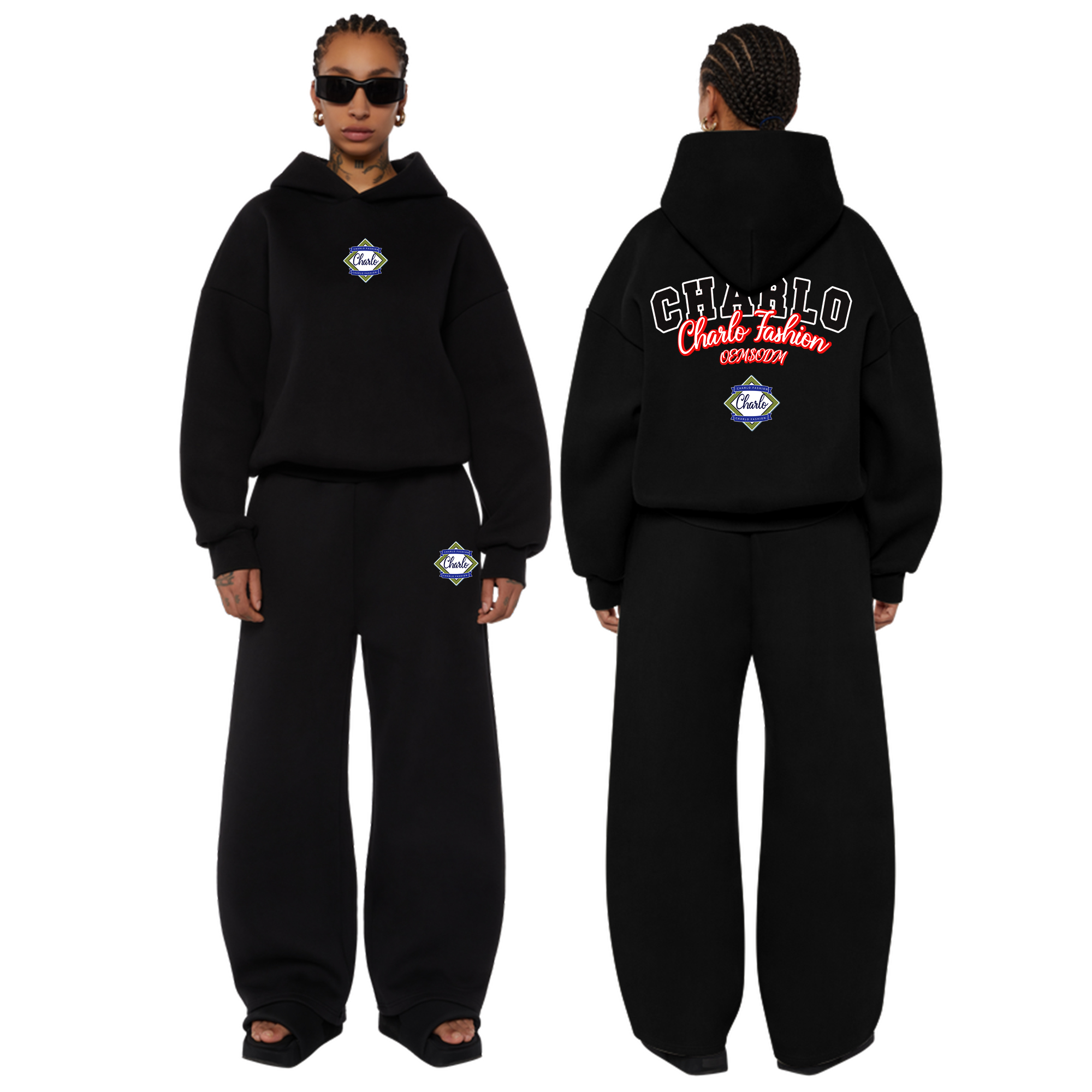 Premium Black Streetwear Tracksuit – Relaxed Fit Hoodie & Wide-Leg Sweatpants, Customizable