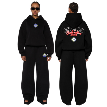Premium Black Streetwear Tracksuit – Relaxed Fit Hoodie & Wide-Leg Sweatpants, Customizable