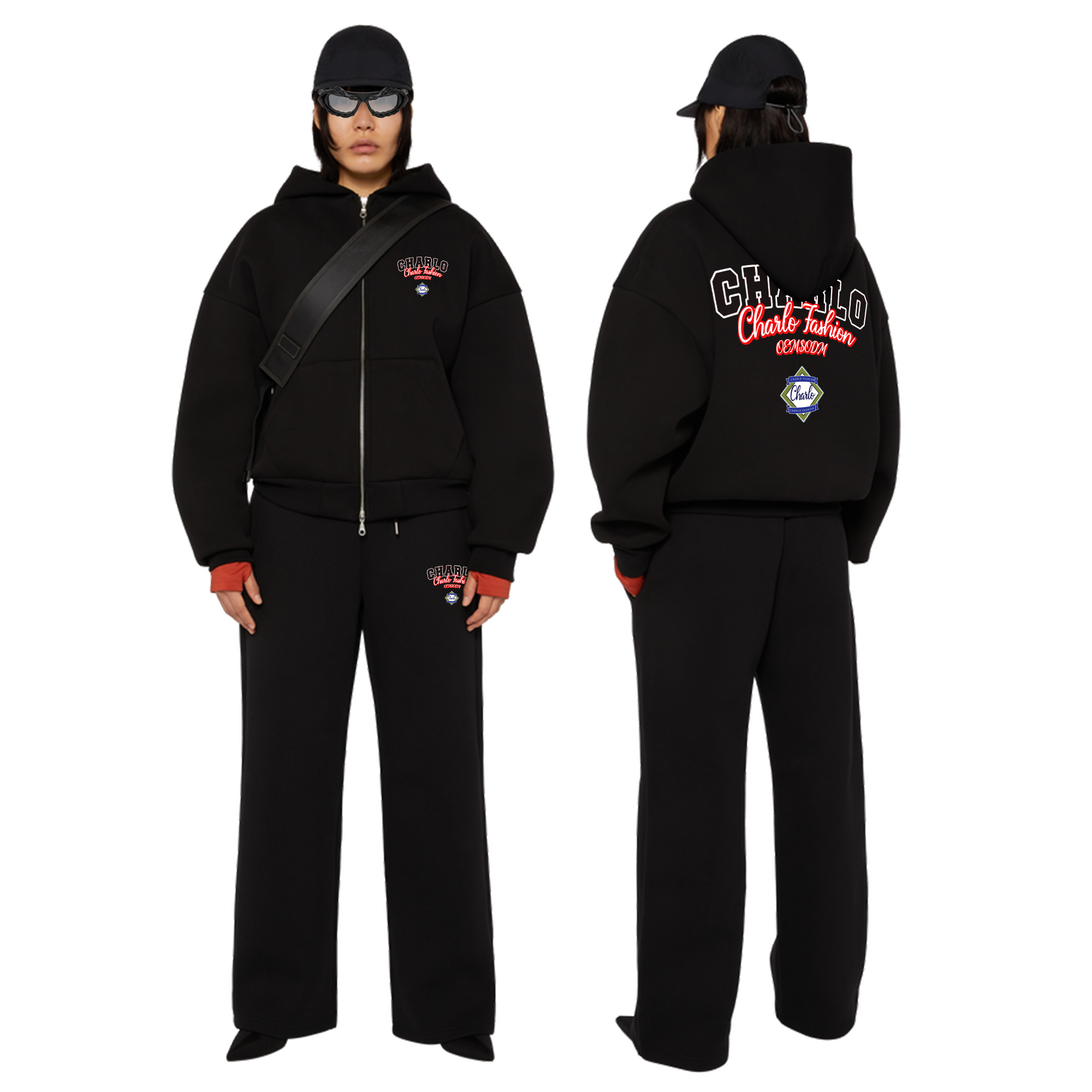 Premium Black Streetwear Tracksuit – Relaxed Fit Zip Hoodie & Wide-Leg Sweatpants, Customizable