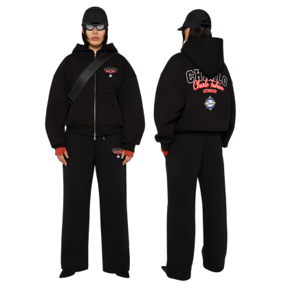 Premium Black Streetwear Tracksuit – Relaxed Fit Zip Hoodie & Wide-Leg Sweatpants, Customizable