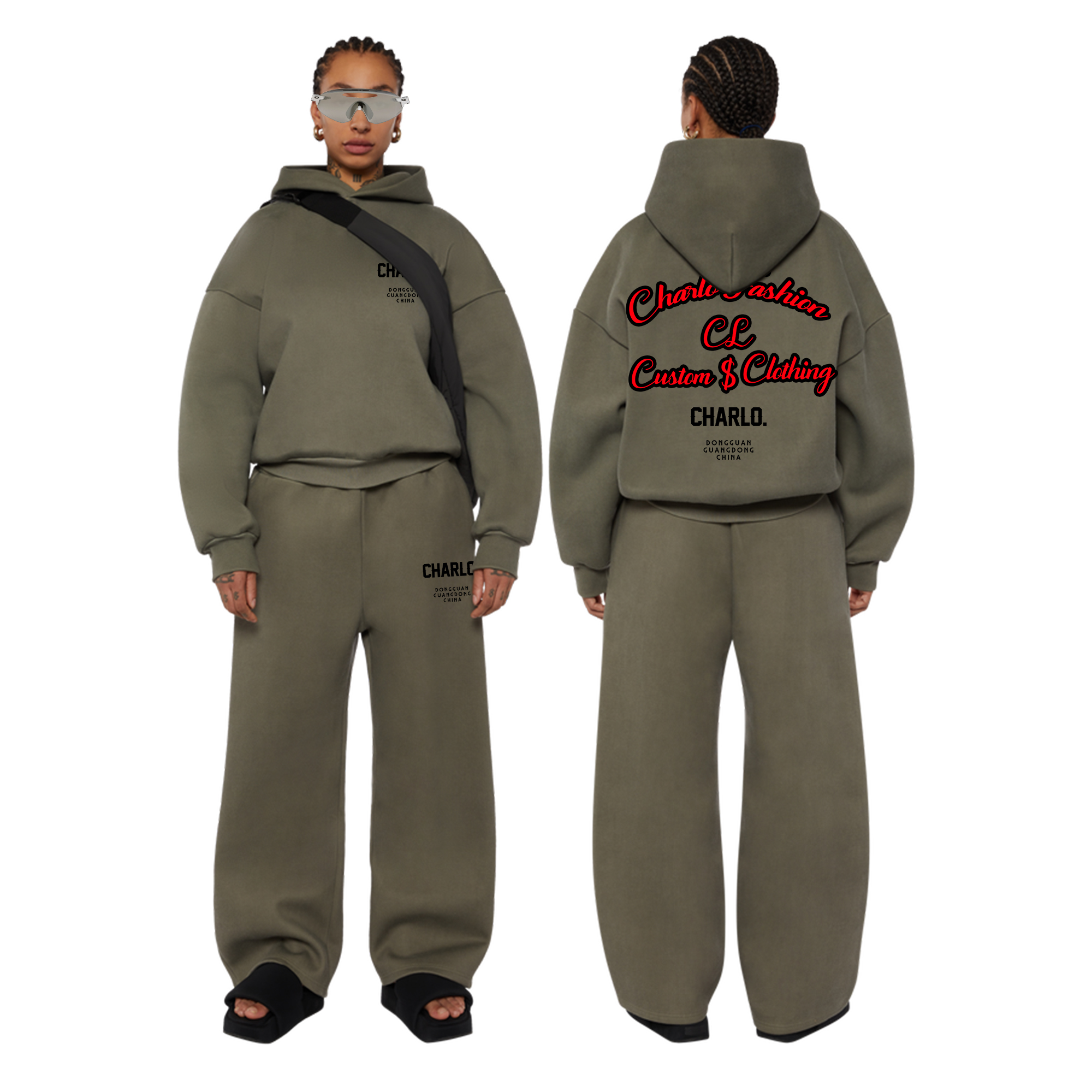 Olive Green Streetwear Tracksuit – Relaxed Fit Hoodie & Wide-Leg Sweatpants, Customizable