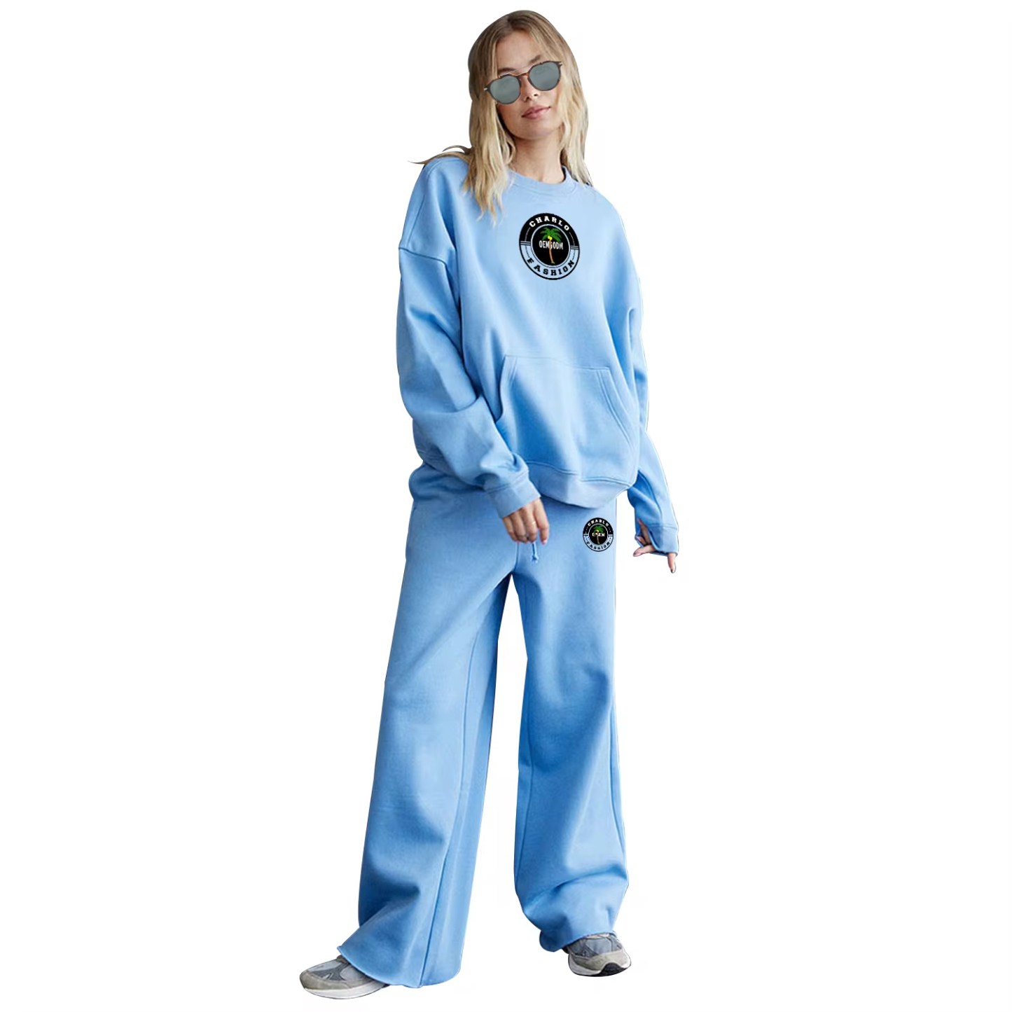 Relaxed Blue Streetwear Tracksuit – Oversized Hoodie & Wide-Leg Sweatpants, Fully Customizable