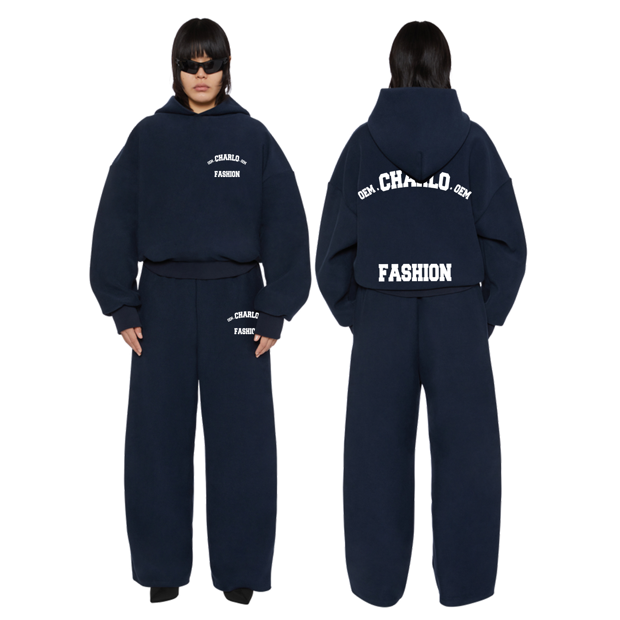 Navy Hoodie & Wide-Leg Pants Set | Streetwear | Customizable Logo