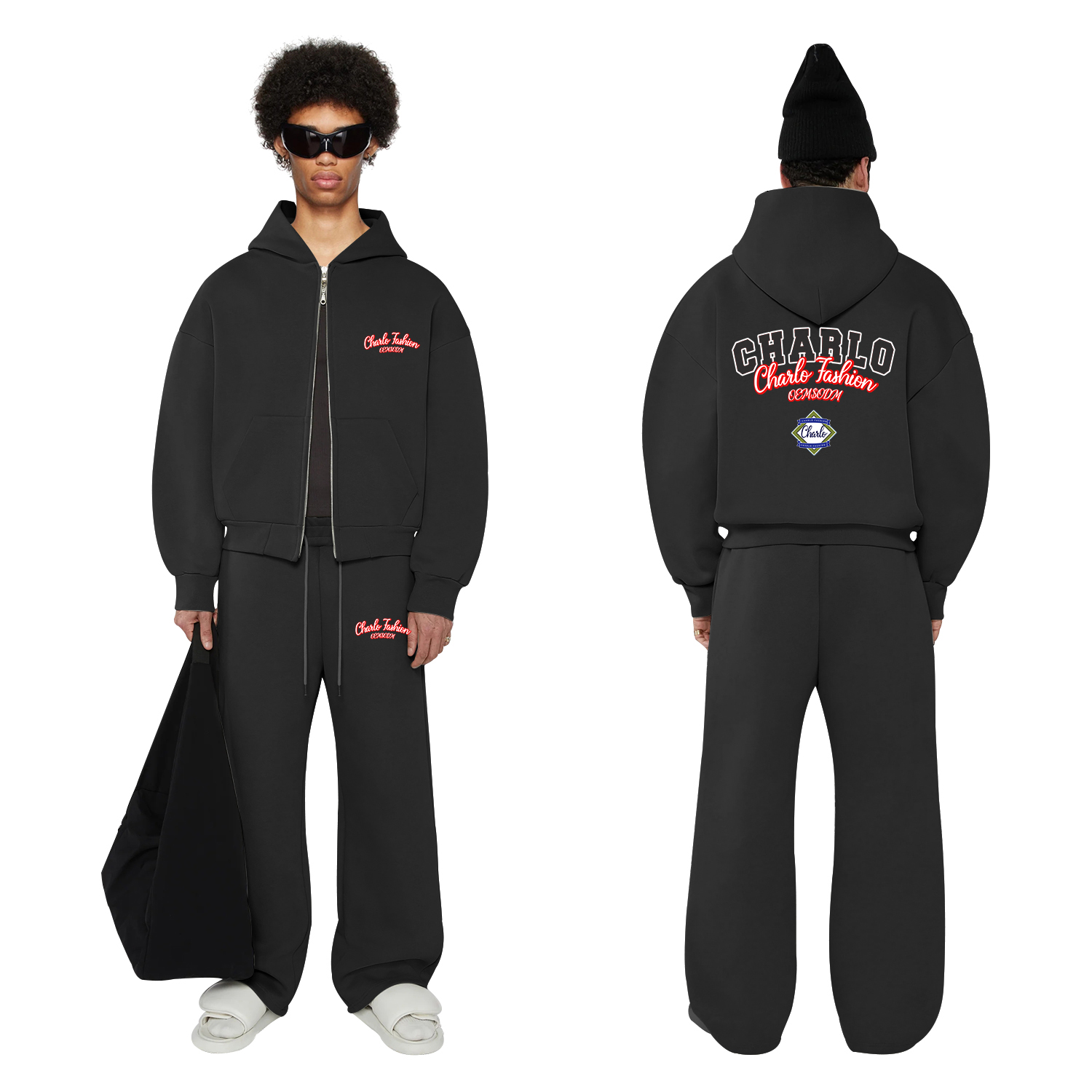 Black Hoodie & Wide-Leg Pants Set | Custom Embroidery & Print Options