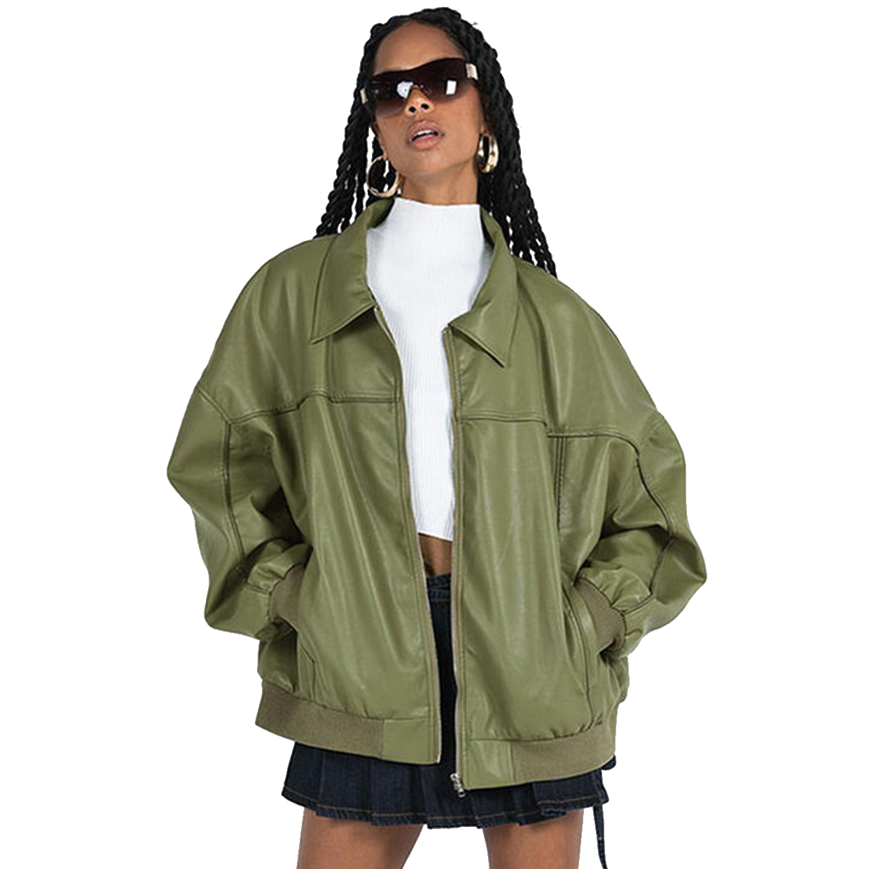 Charlo Fashion Olive Green Oversized Faux Leather Jacket – Trendy Street Style